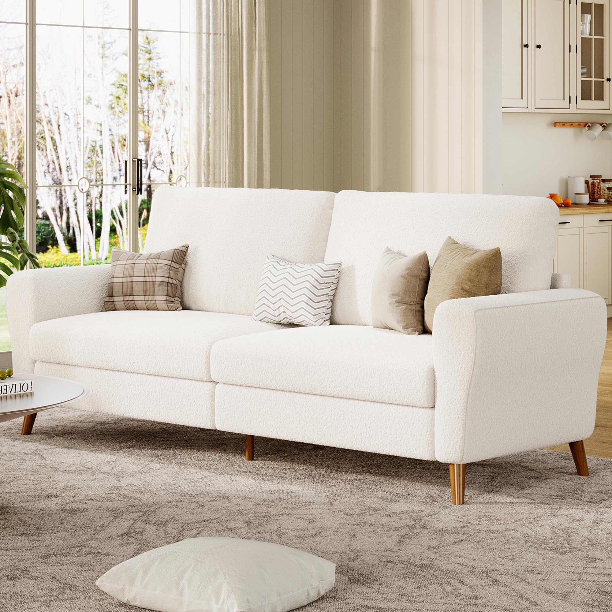 IDEALHOUSE 84 Inch Modern Sofa Couch, Large 3-Seater Sofa with Streamlined Armrests, Boucle Loveseat Wood Feet, Comfy Couch for Living Room, Apartment, Lounge, White