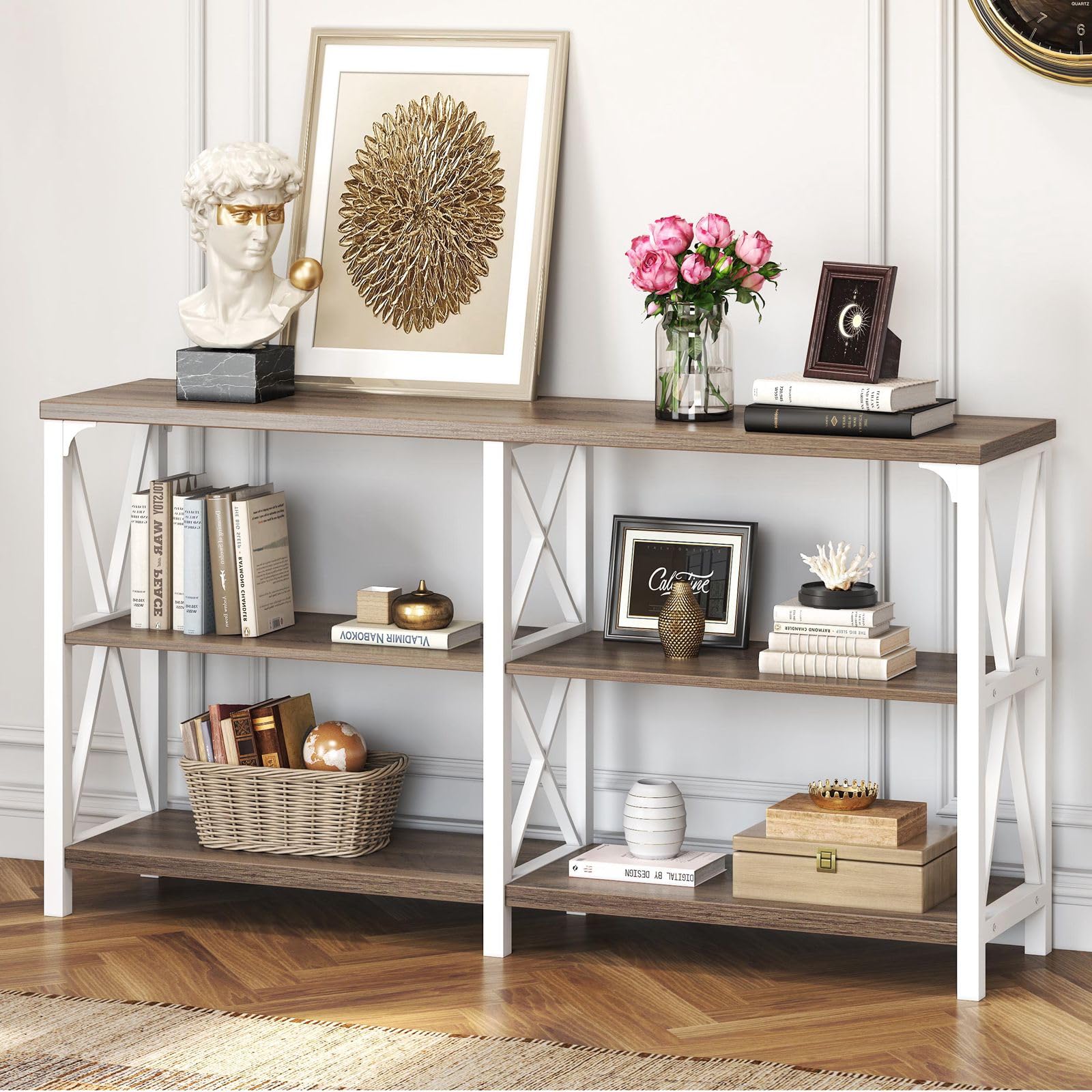 IBF Farmhouse Entryway Table, Wood TV Console Table, Long Rustic Metal Sofa Table, Industrial Hallway Table with Storage Shelves, Modern Foyer Tables