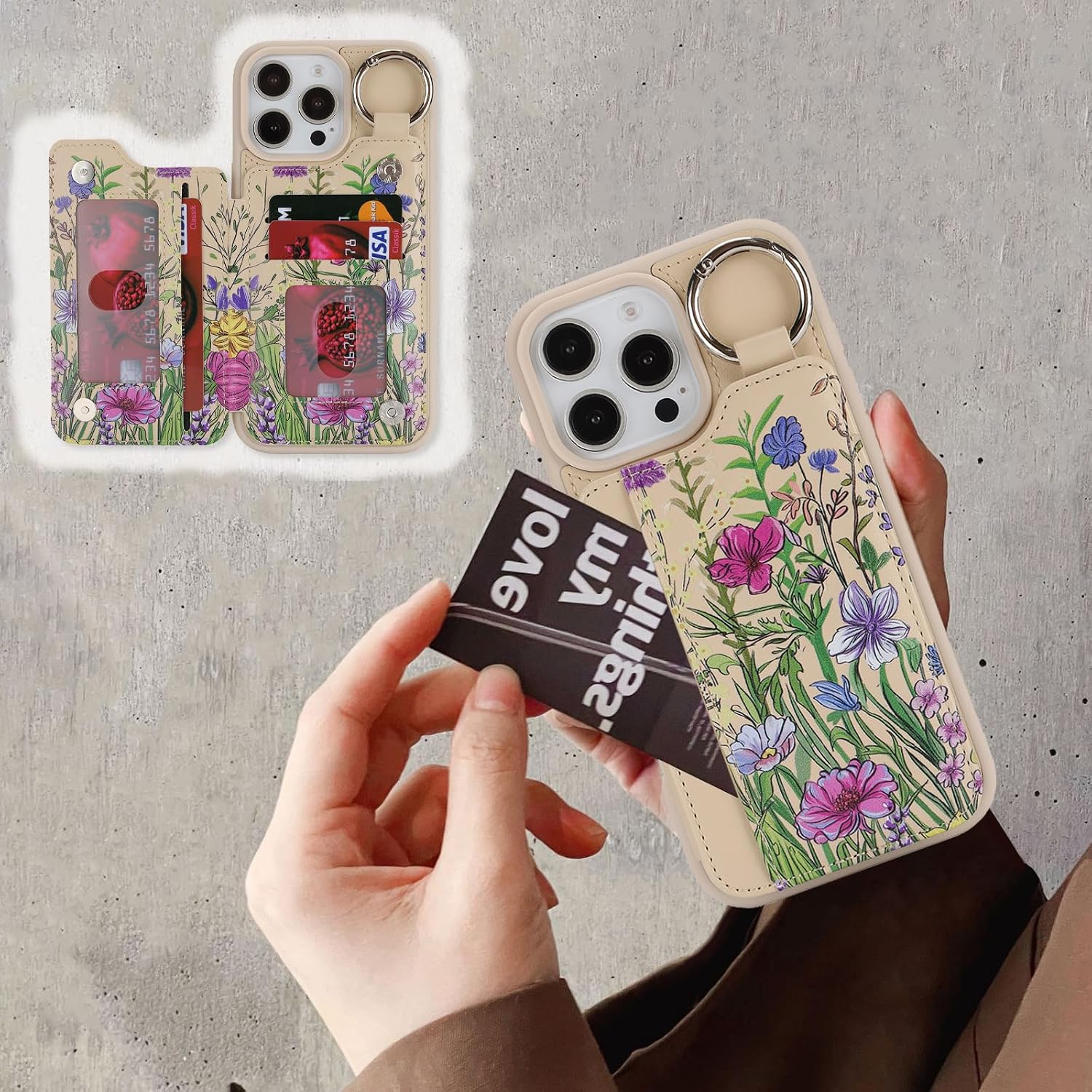 Ｈａｖａｙａ for iPhone 16 Pro Max Case Wallet with Card Holder Keychain Ring Stand PU Leather Phone case Floral Flower with Credit Card Slots Women Men-Beige Flower 3