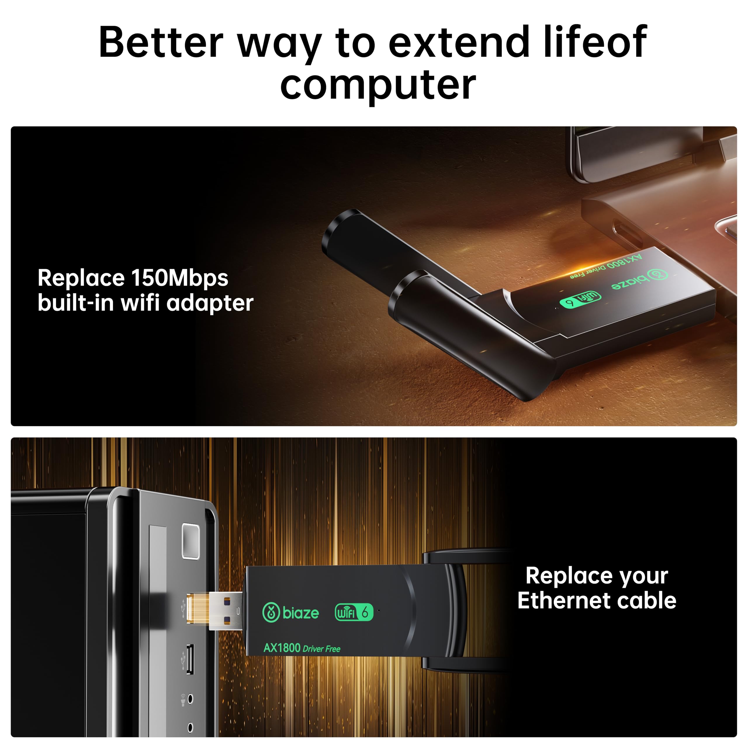 Dongle WiFi 6 USB 3.0 AX1800 - Double Bande 1800 Mbps, Antenne Performante - Pour PC Bureau/portable, Sans Pilote