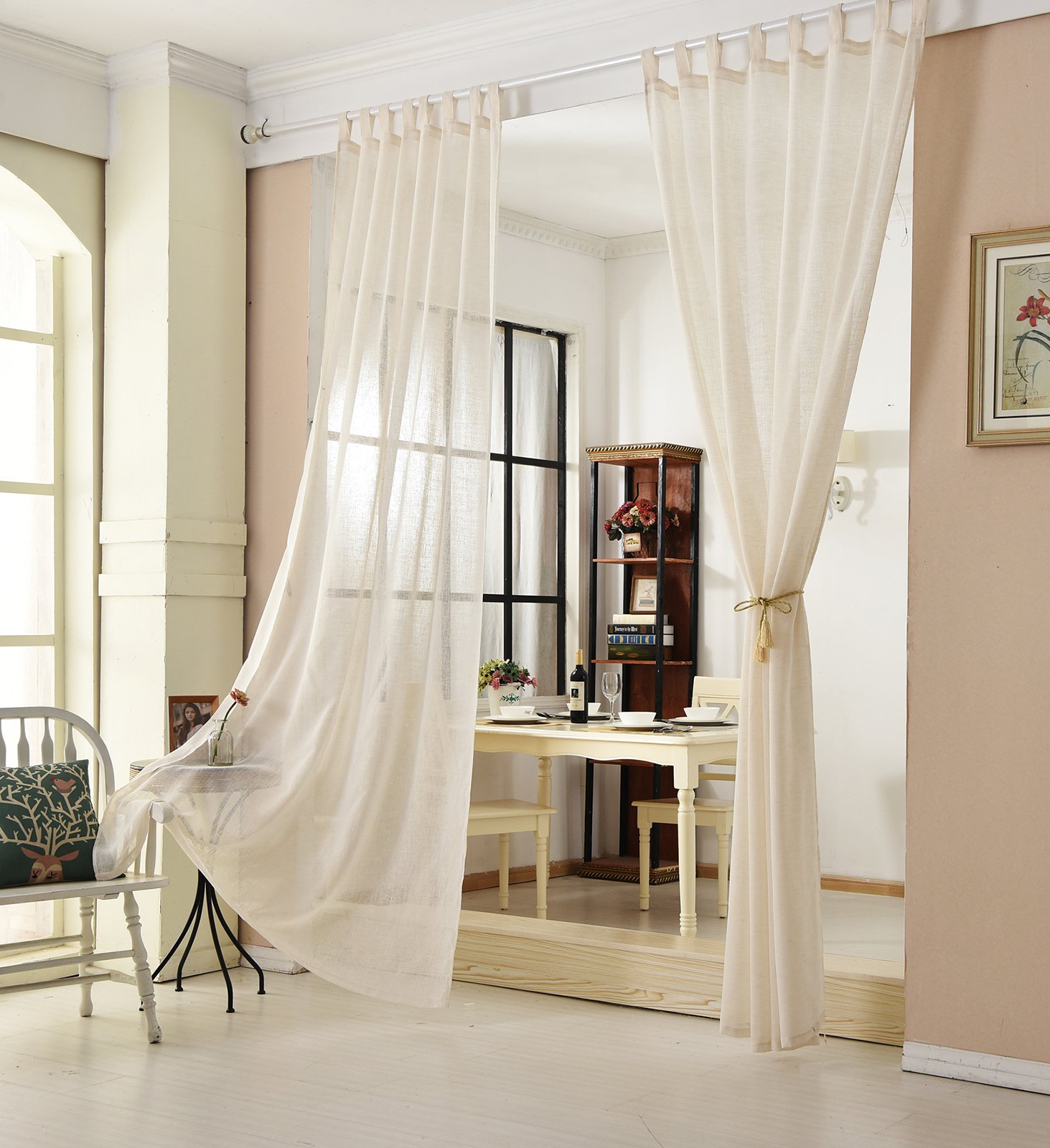 WOLTU Gardinen mit Schlaufen Leinenoptik halbtransparent 140x245cm Creme | 2er Set Schlaufenschal und Leinenoptik Vorhänge für Wohnzimmer Schlafzimmer, moderne Stores mit weichem Licht, Länge 245 cm