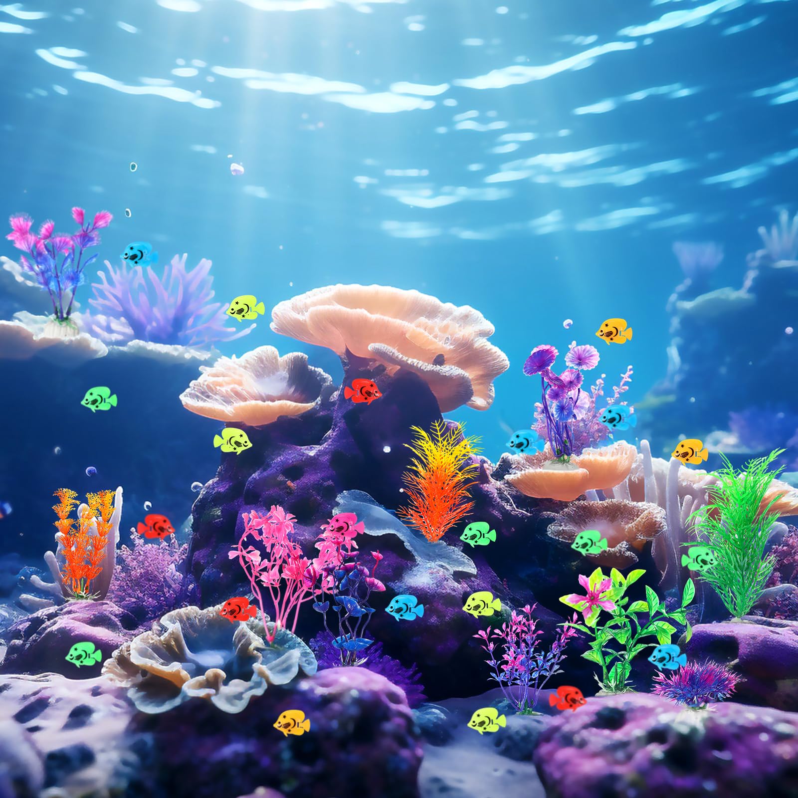 Jexine 60 pesci finti galleggianti, 10 piante acquatiche artificiali e rocce per acquario da 1,2 kg, per casa, ufficio, acquario, decorazioni e accessori