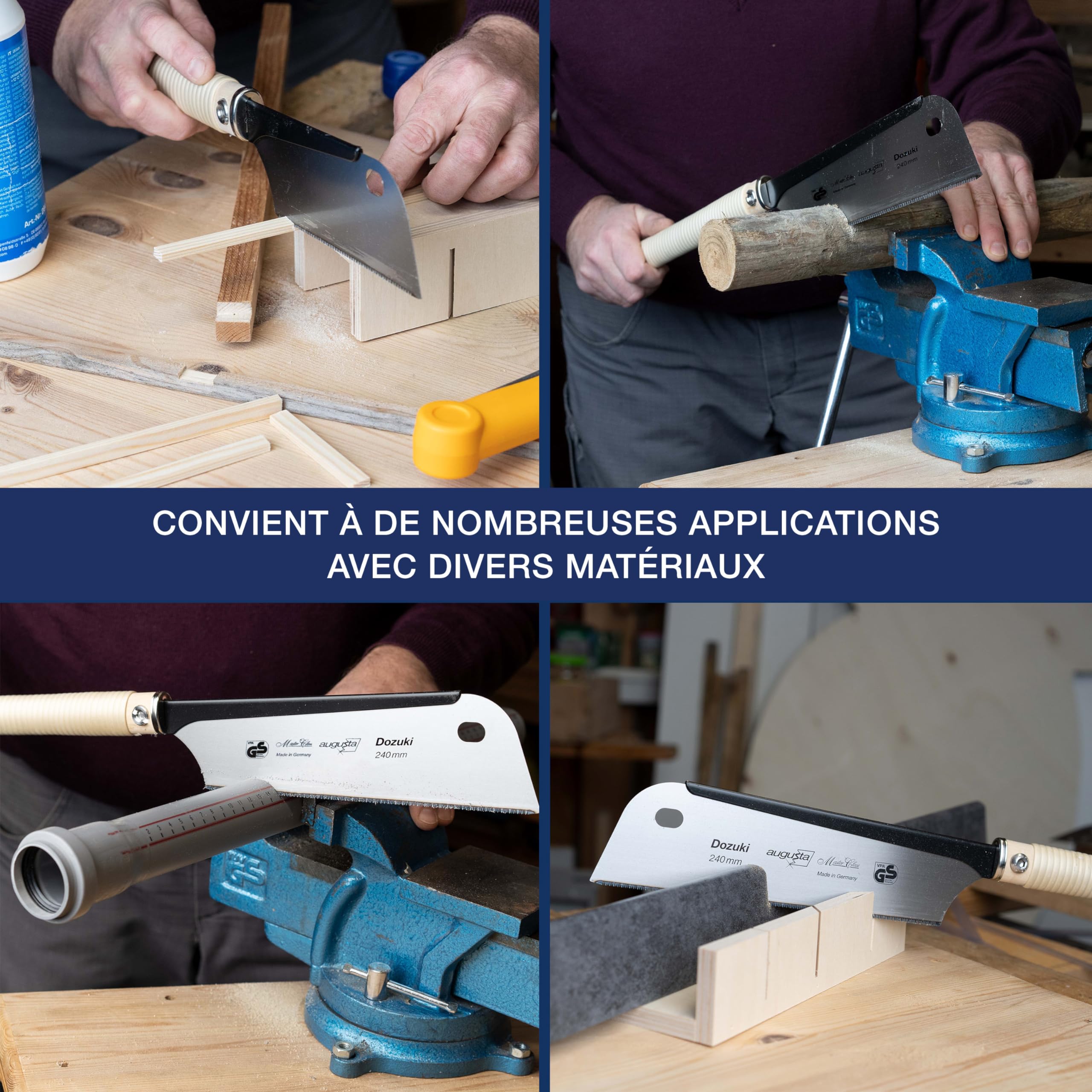 Augusta-Heckenrose scie japonaise Dozuki 240 mm I Scie à bois en feuillard d'acier poli C75 pour coupes fines I Scie traditionnelle avec dos en acier stable & poignée en raphia