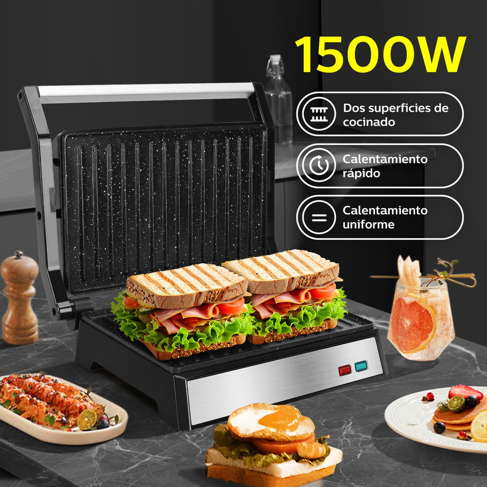 Aigostar Parrilla Eléctrica 1500W | Placas con Revestimiento 27x17 cm | Apertura 180° | Placa Flotante | Libre de PFAS y BPA | Sandwichera Grill | Hett Pro