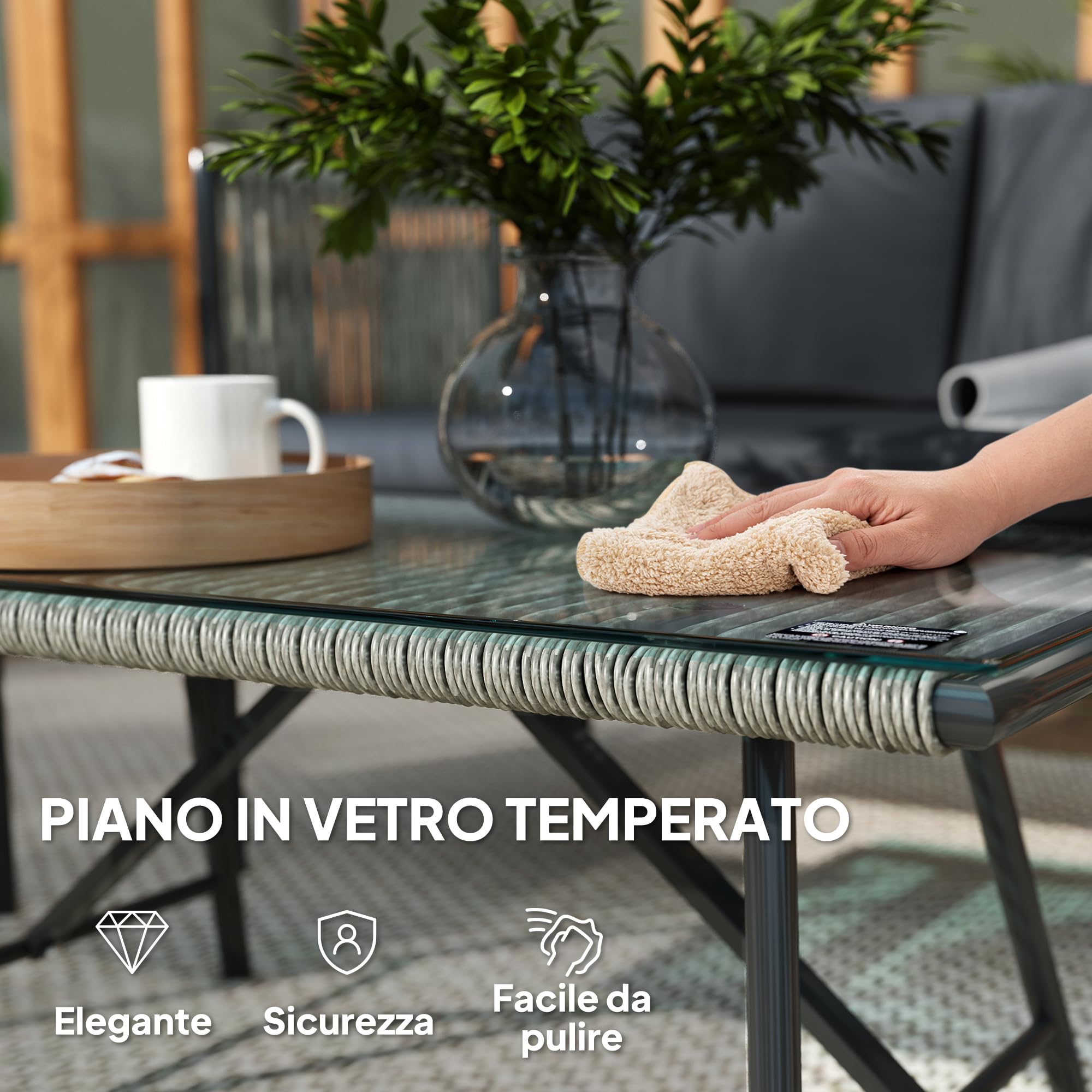 Outsunny Set di Mobili da Giardino in Rattan 4 Pezzi, Salotto da Esterno con Divano a 2 Posti, 2 Poltrone da Esterno, Tavolino da Caffè in Vetro e Cuscini Lavabili, Struttura in Acciaio, Nero/Grigio