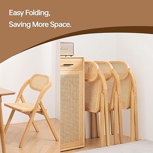 Miniatura 7 de Juego de 2 sillas plegables de comedor, sillas plegables de madera con respaldo y asiento de ratán natural, sillas plegables de madera para comedor,