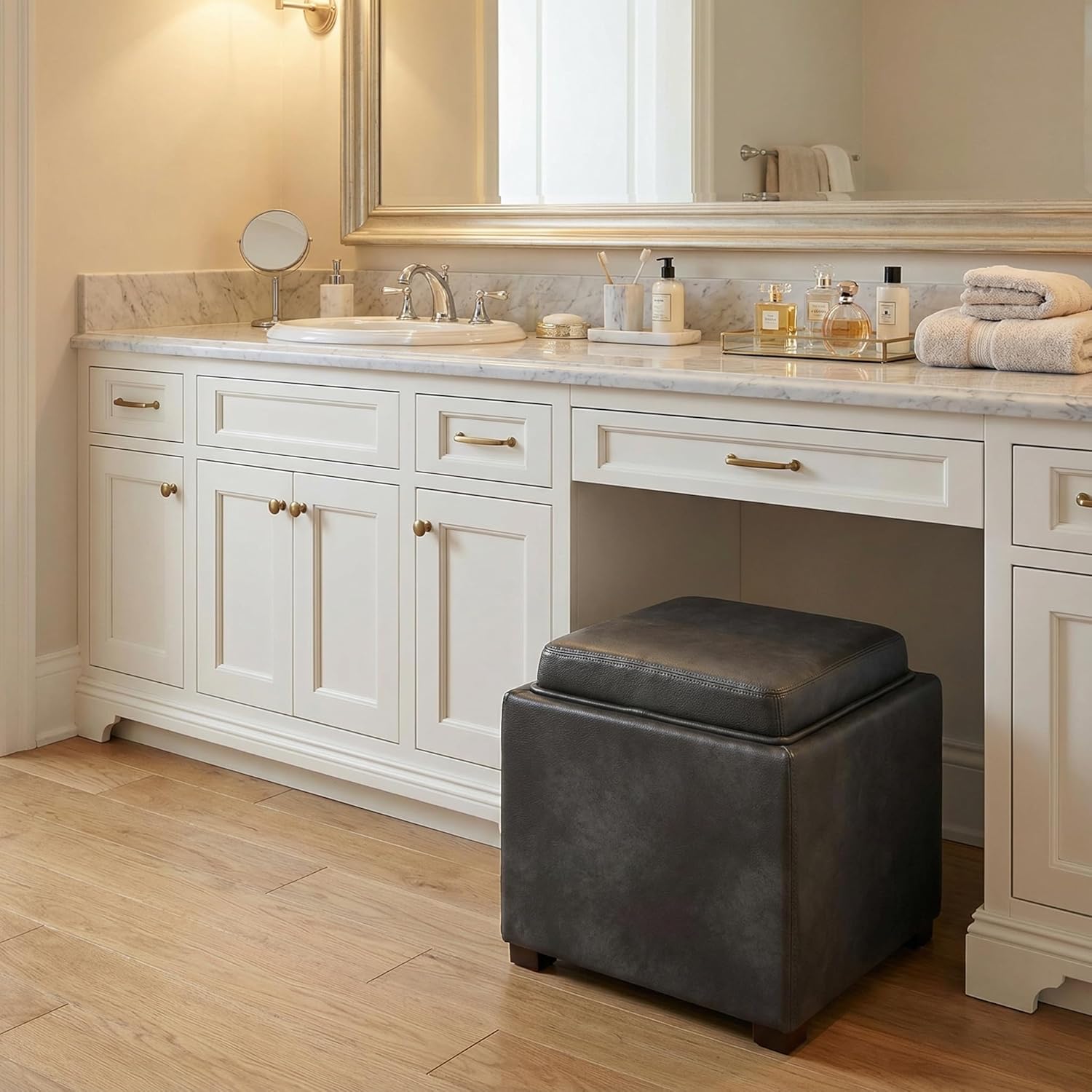 Cortesi Home Mavi Grey Wood Top Tray Storage Cube Ottoman in Bonded Leather