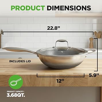 NutriChef 12 Stainless Steel Wok - Induction ready, Non Stick Tri-ply technology, Scratch-resistant Honeycomb Fire Textured Pattern