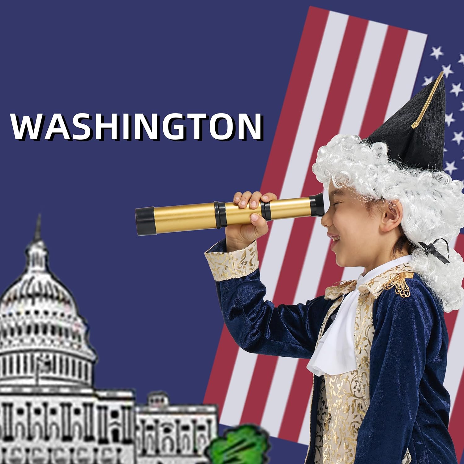 IKALI Kids George Washington Costume With Wig and Hat Accessories, Boys Children Hamilton American Colonial Day Outfit - Image 3