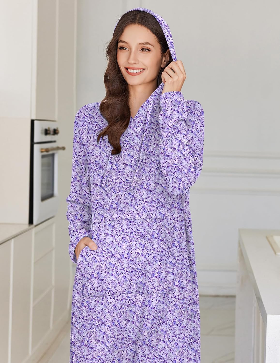 Ekouaer Nightgowns for Women Fleece Nightgown Long Sleeve Sleepwear Hooded Night Gown Long Sleep Shirt with Pocket - Image 2