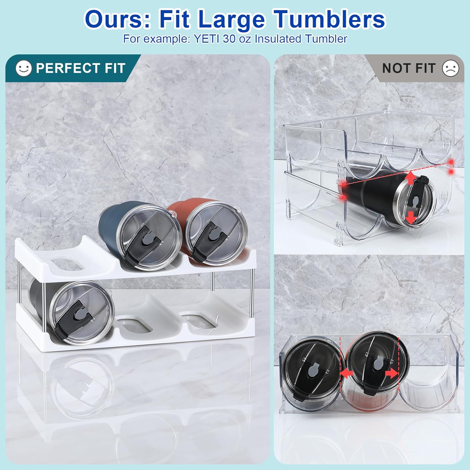 LANDNEOO Stackable Water Bottle Organizer Holder - for Stanley & Others' Large Tumbler Organization - White Plastic Wine Rack, Bottle Holder for Home Countertop Fridge Pantry Shelf, 2 Tier Hold 6 - Image 3