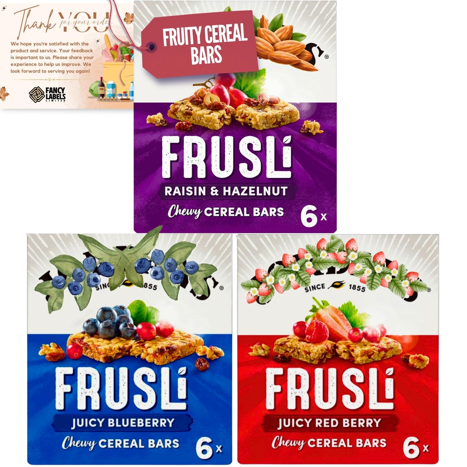 Cereal Bars Bundle With Jordans Frusli Juicy Red Berry, Blueberries Chewy and Raisin & Hazelnut Cereal Bars 6x 30g | Suitable for vegetarians | On The Go Snacks