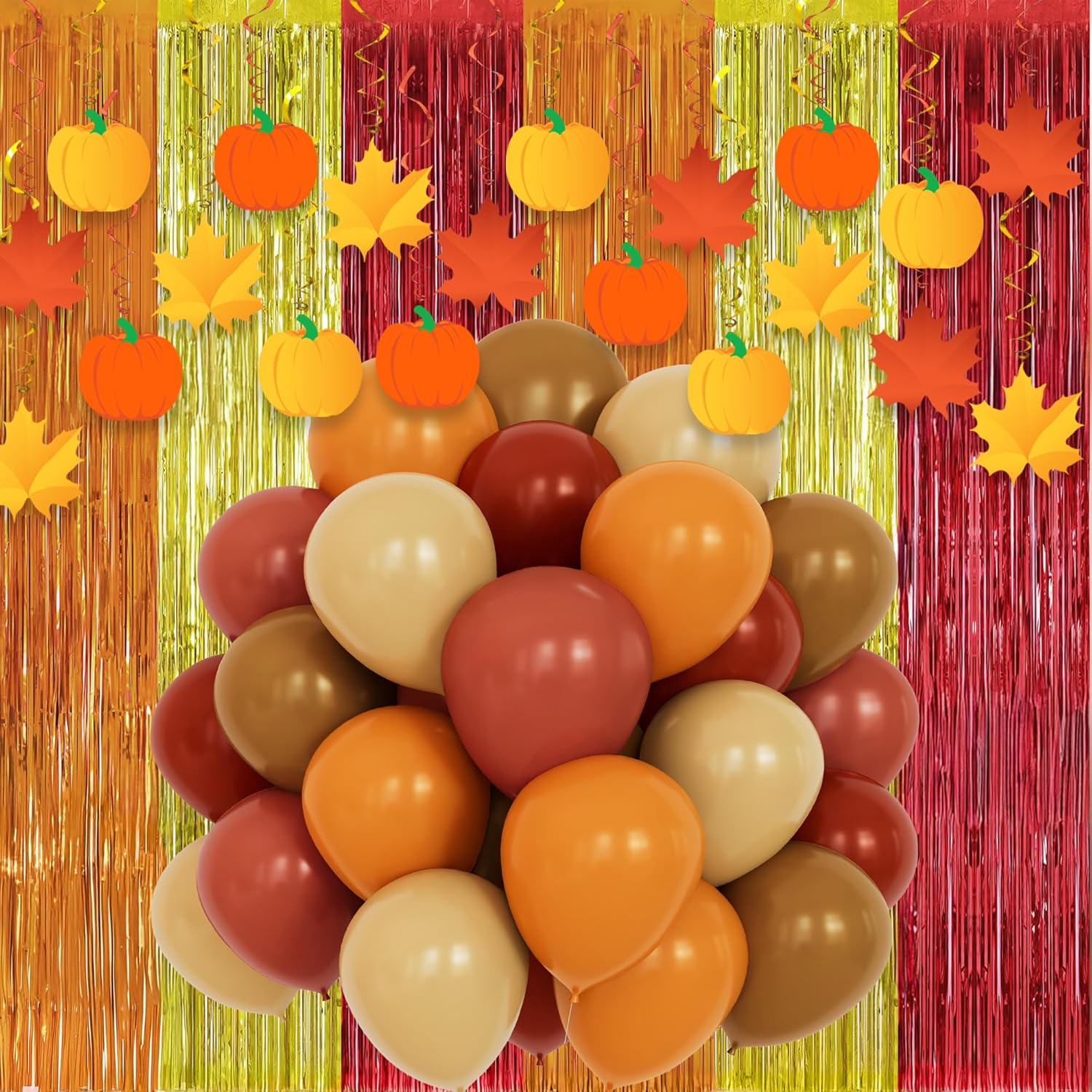KatchOn, Thanksgiving Party Decoration Bundle – 93 Pack | Fall Maple Leaf Hanging Swirls and Orange, Gold, Maroon Fringe Curtains and Fall Balloon Set | for Autumn, Harvest and Fall Home Decorations