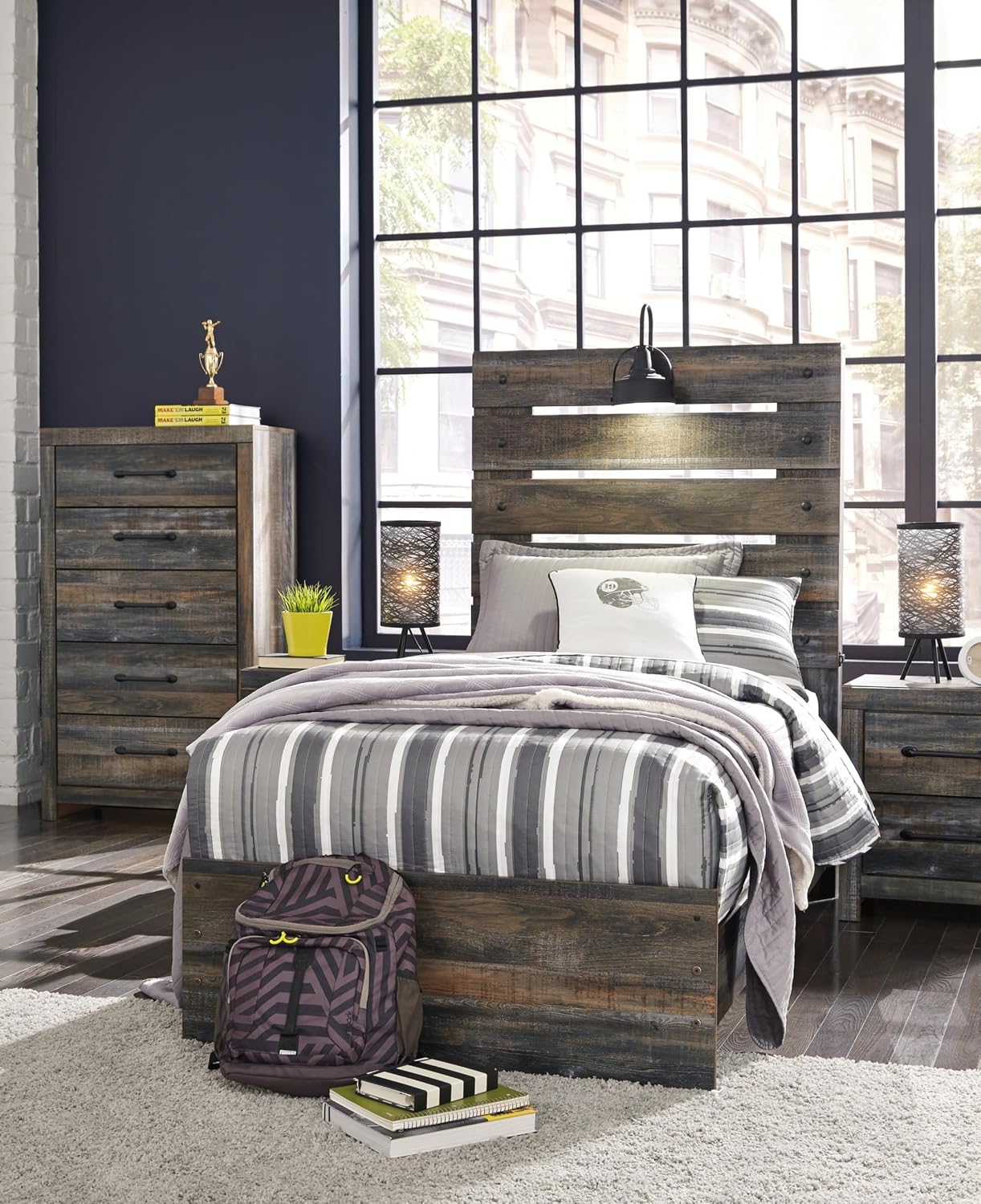 BOWERY HILL King/California King Engineered Wood Bookcase Headboard, Brown Finish, Built-in Dimming LED Lights, Rustic Weatherworn Style, 82.87" W x 6.97" D x 52.8" H