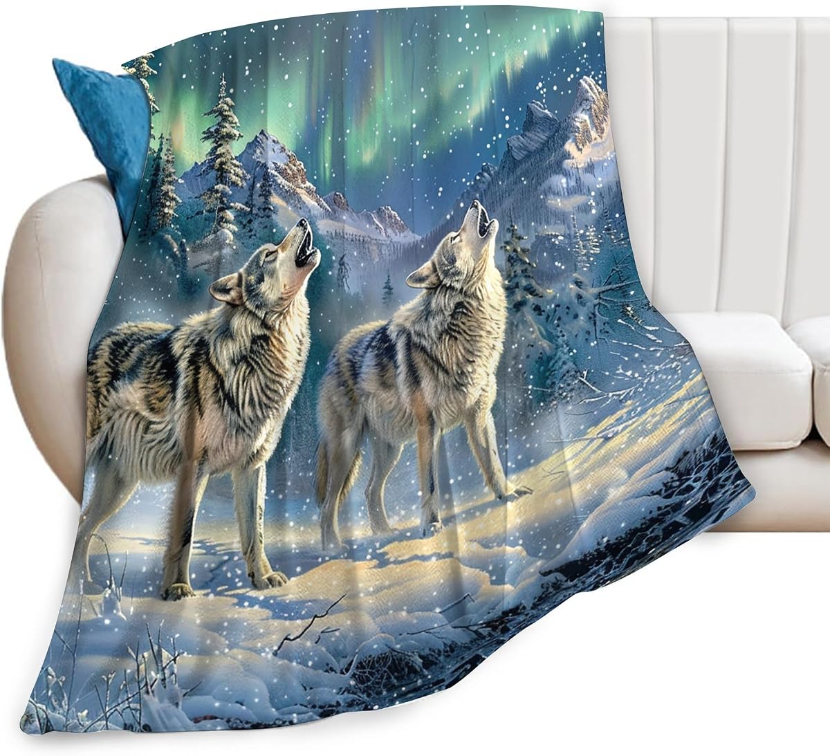 Wolf Blanket Wolves Aurora Borealis Gifts for Girls Boys Woman Kids Wolf Lover Throw Blankets Soft Blanket Warm Fleece Flannel Plush Blankets for Bed Sofa Couch 50"x60"
