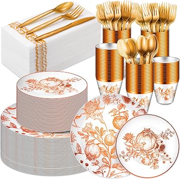 175 Pcs Fall Plastic Disposable Plates Set for 25 Guests, 10.25" Pomegranates Dinner Plate 7.5" Dessert Tray Thanksgiving Napkins Dinnerware Set for Autumn Wedding Party SuppliesBrown