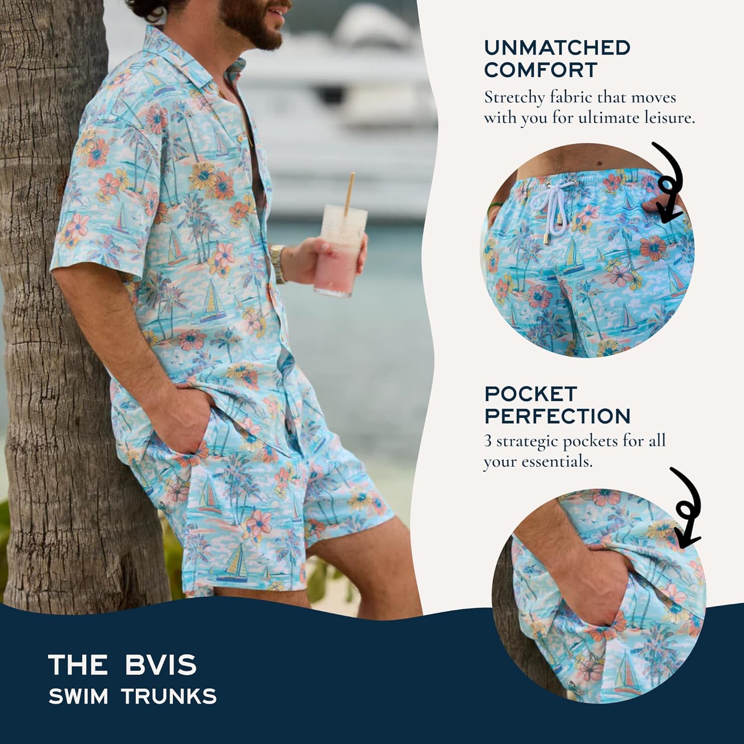 Kenny Flowers Men's Swim Trunks, Mid-Length Comfortable Swim Shorts, with Elastic Waistband, Mesh Lining, and Triple Stitched