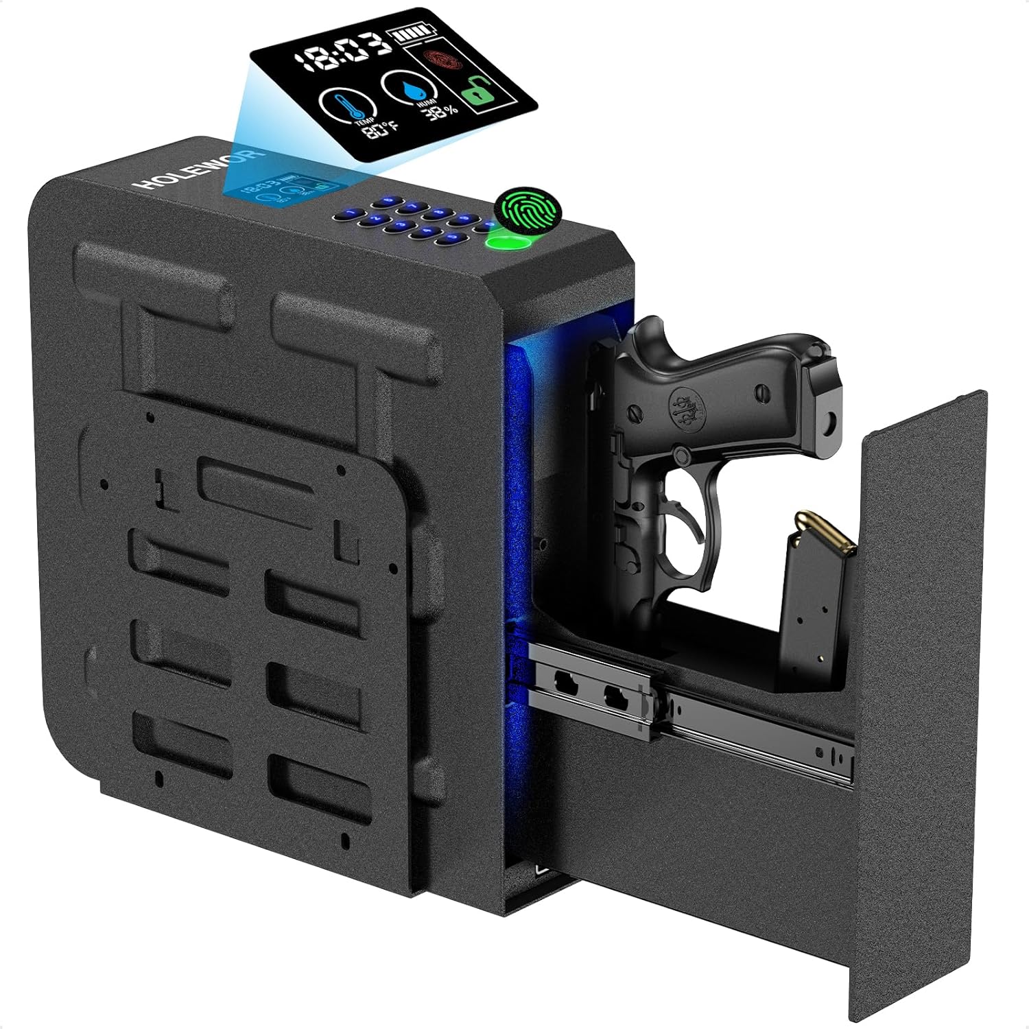 HOLEWOR Slider Gun Safe for Handgun Biometric Drop Down Pistol Safe, Mounted Single Handgun Safe Bedside Gun Safe