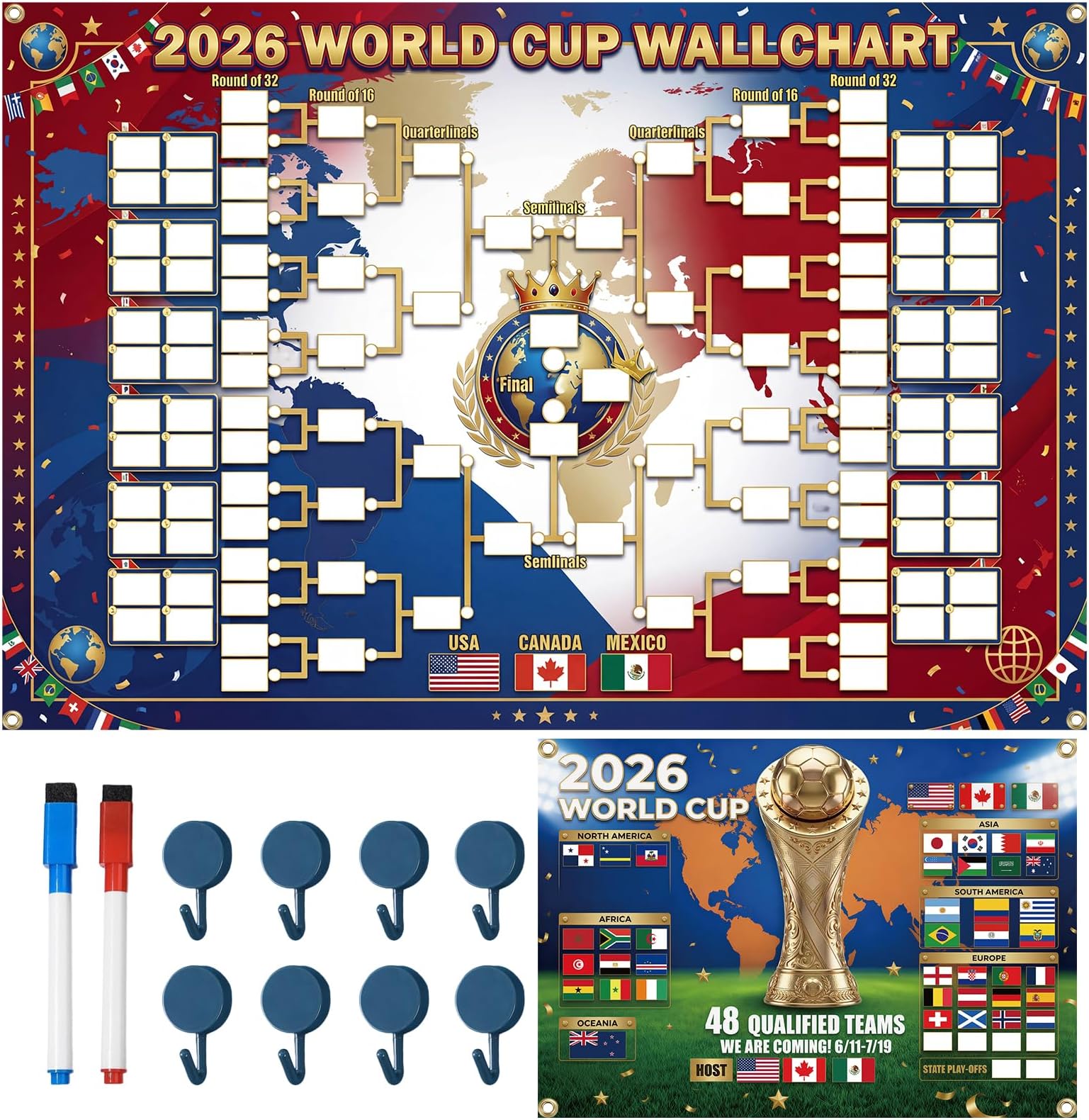 2026 World Cup Schedule Poster & Final Round 48-team Collection Showcase - 2 Pack Large 30x21" Tournament Wall Chart with 8 Hooks & 2 Markers - Waterproof PVC 48-Team Bracket for Home Bar Decor