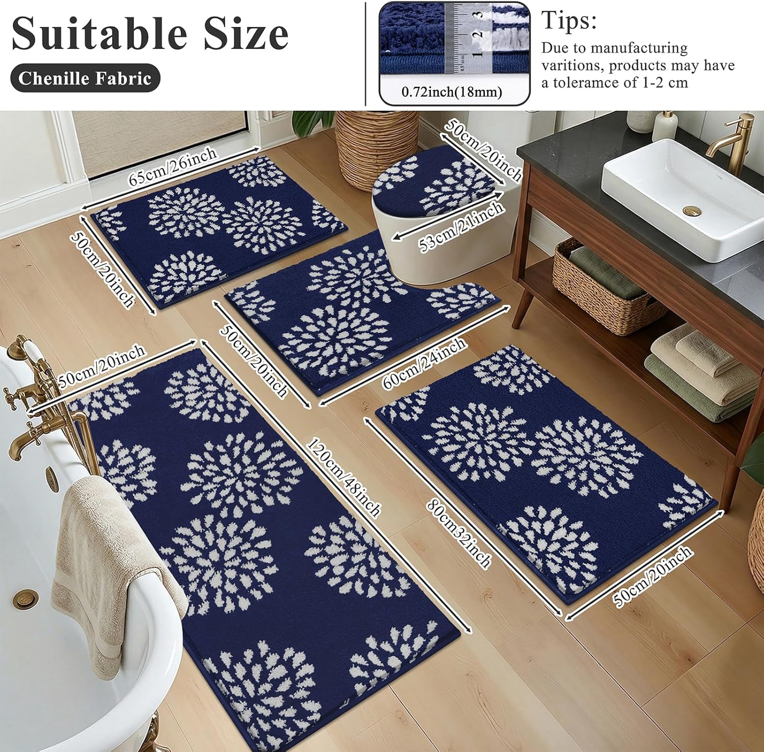 HEBE Floral Bathroom Rugs Set 5 Piece, Non Slip Washable Bath Mat Set for Bathroom, Absorbent Microfiber Bath Carpet with U-Shaped Contour Rug for Tub, Shower, Navy Blue