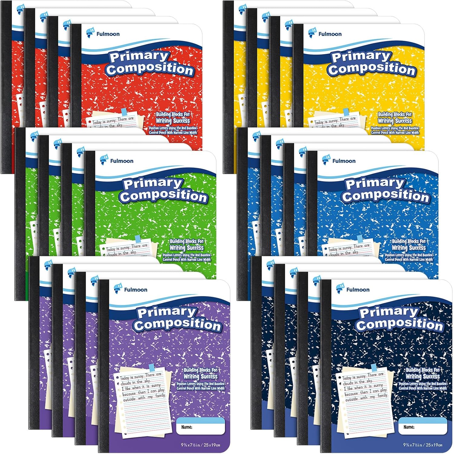 Fulmoon 24 Pack Primary Composition Notebook,Grade K-2 Journal Wide 3 Line Ruled,80 Pages,Marble Cover,7-1/2" x 9-3/4" Primary Writing Notebook for Kindergarten Preschool,1st 2nd Grad (Black Color)