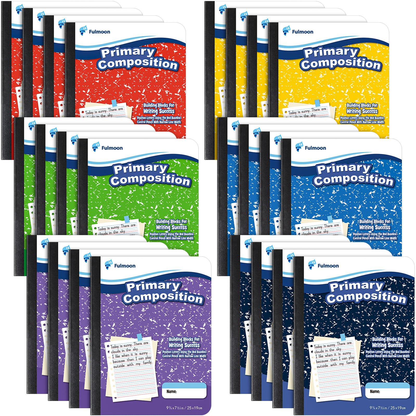 Fulmoon Carnet de composition primaire 24 x 19,1 cm, 80 pages, journal K-2, carnet d'écriture primaire ligné pour enfants, maternelle, 1er 2e année (mélange de couleurs)