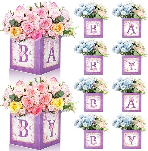 10 cajas decorativas de mariposa morada para baby shower con letra impresa de bebé, decoración de centro de mesa de primer cumpleaños, bloques de