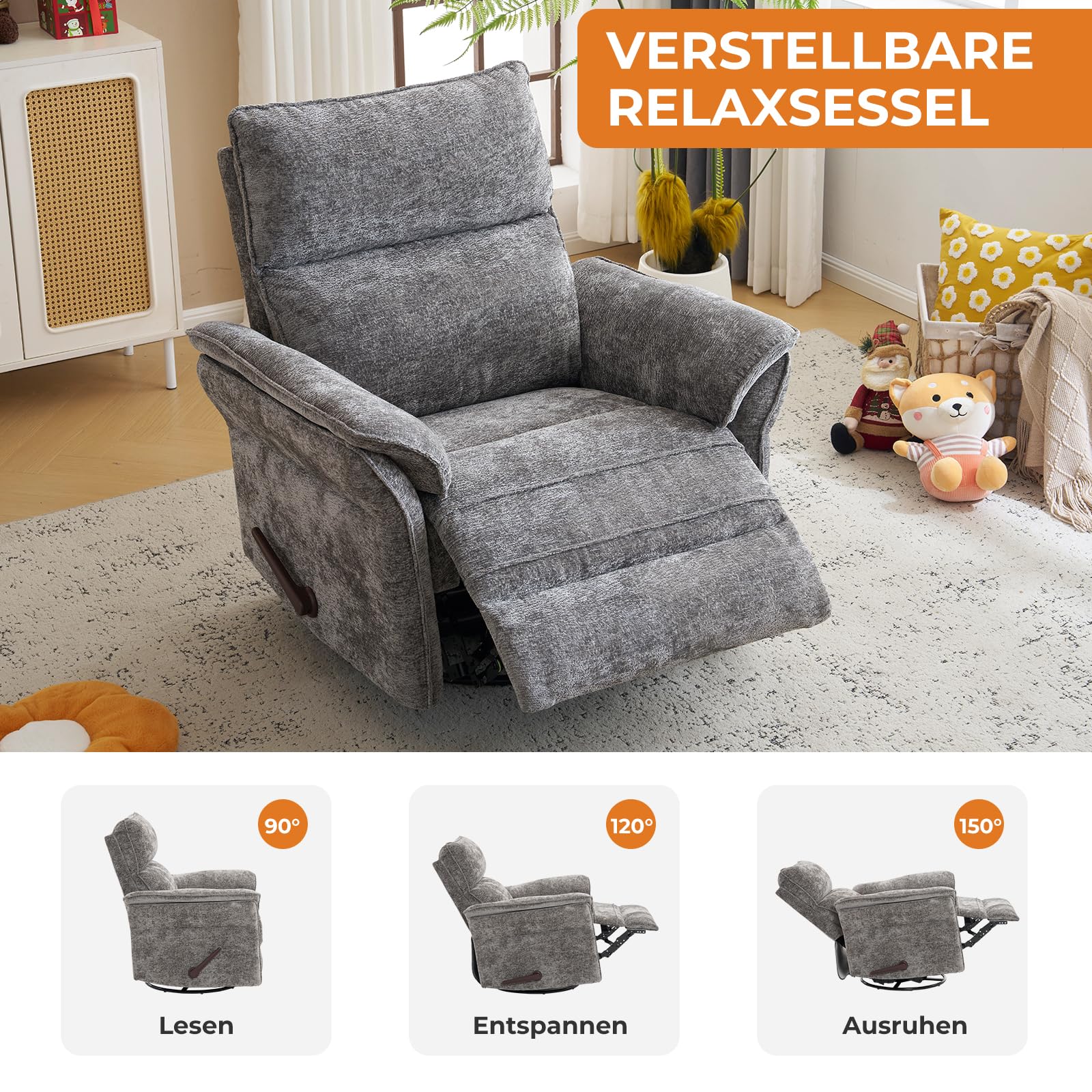 Fernsehsessel mit Liegefunktion und Verstellbarer Kopfstütze, 360°Drehbarer TV Sessel Wohnzimmer, Relaxsessel mit Gepolsterte Kopfstütze, Seitentaschen, grau