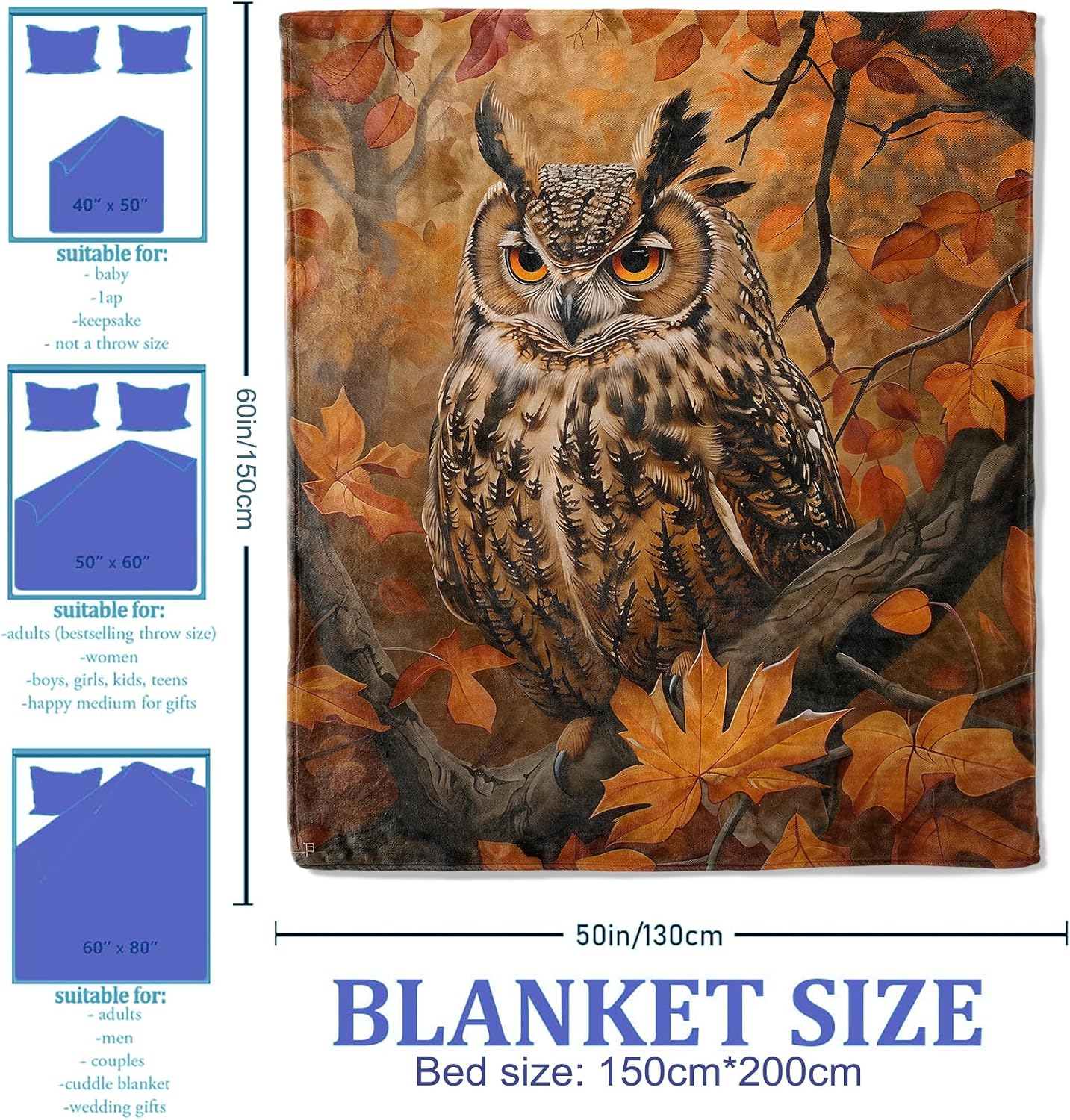 Autumn Owl Throw Blanket, 50"x60", Soft Flannel Owl Gifts for Adults and Women, Home Decor