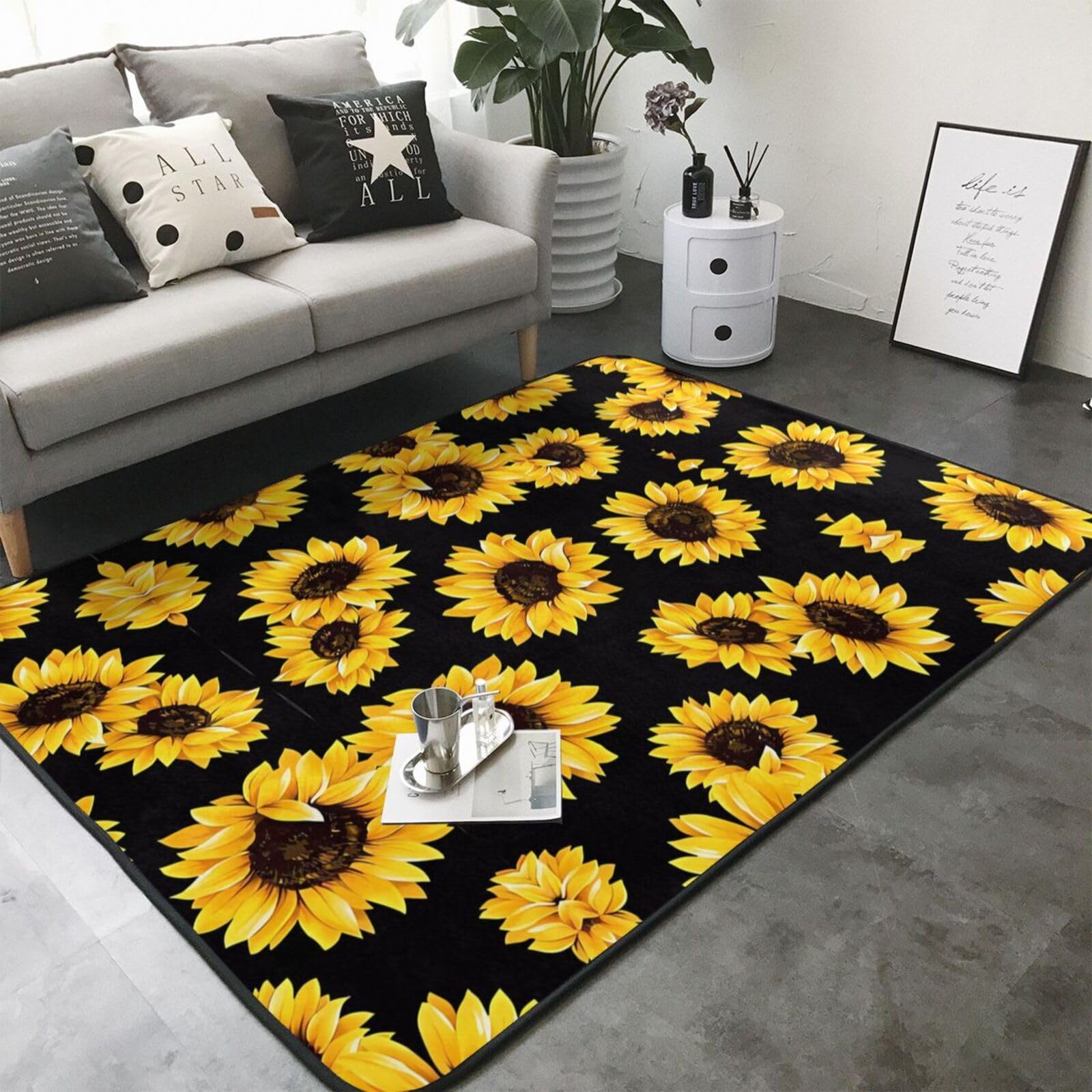 Tapis antidérapant en fausse fourrure avec imprimé tournesol 203,2 x 147,3 cm – Couvre-lit confortable pour salon, chambre, bureau et plus encore