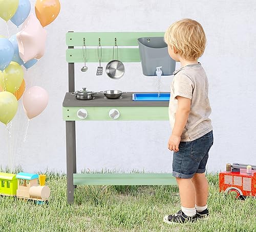 Miniatura 8 de Cocina de madera para niños, cocina de barro al aire libre con juego de agua y juguetes de cocina, juego en el patio trasero para niños de más de 3