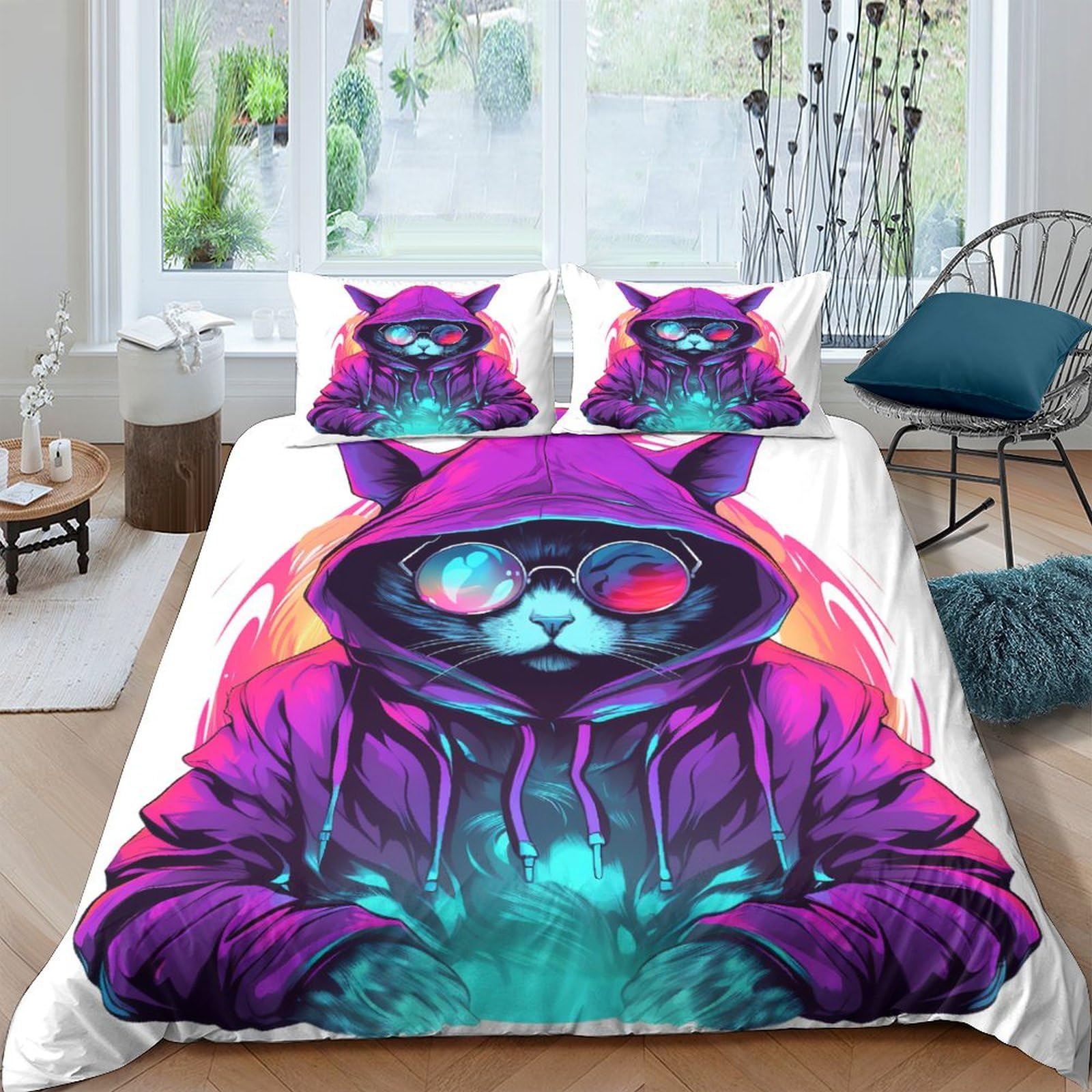 Housse de couette chat anti-plis parure de lit violette facile à laver 220x240