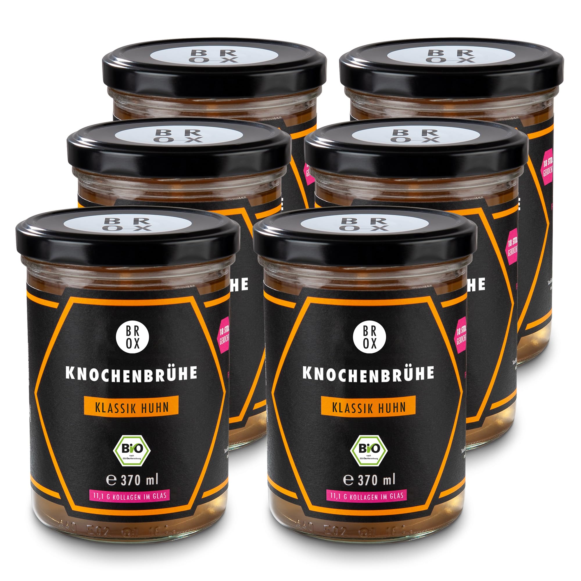 BROX Knochenbrühe Huhn Bio [6x370ml] – 24 Std. gekocht, Deutschland – Kollagen & Aminosäuren – Hühnerbrühe aus Freilandhaltung – Premium Bone Broth