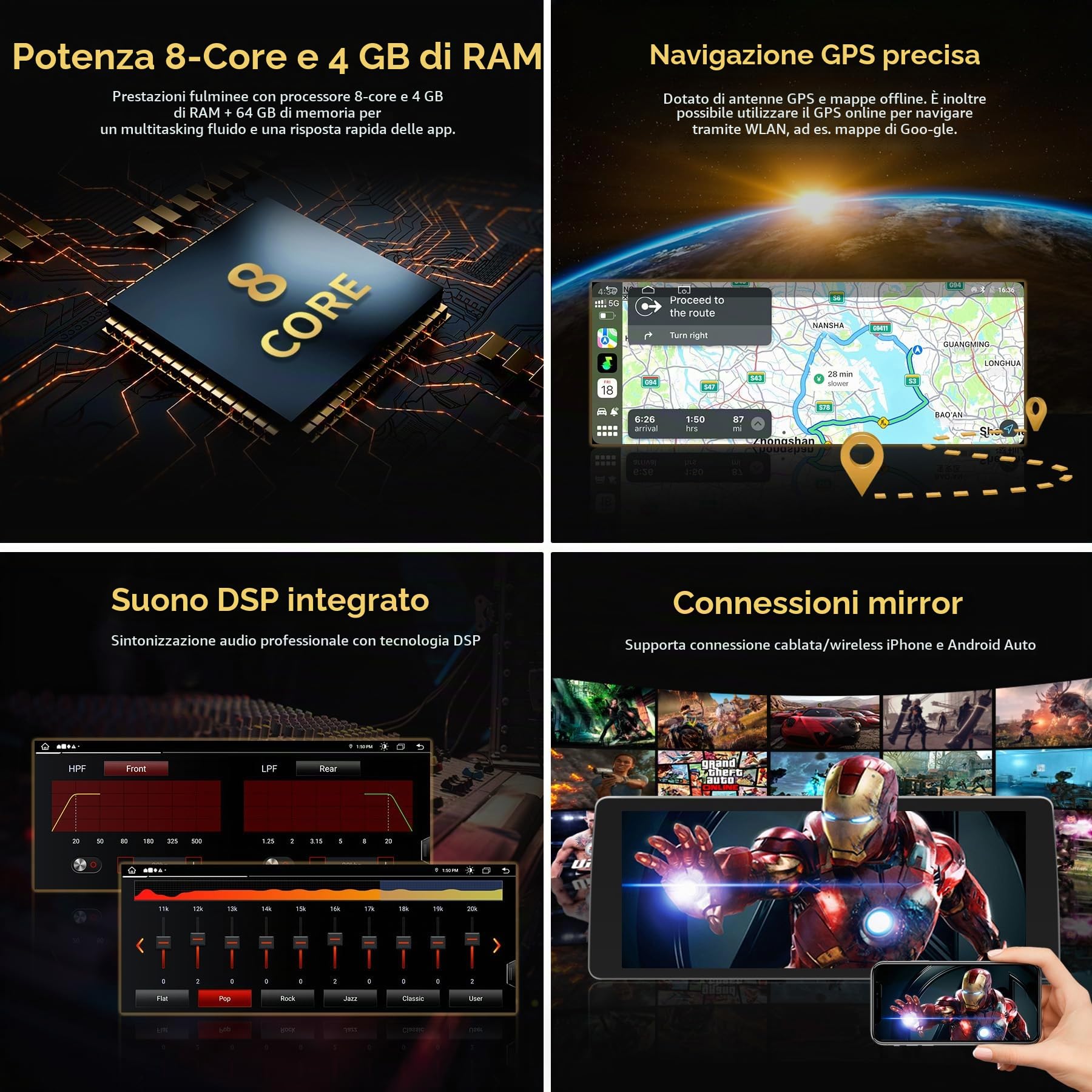 Autoradio Android 14 touchscreen da 12,3 pollici per BMW Serie 5 E60/E61 (2003-2008) con sistema CCC - Wireless CarPlay/Android Auto, schermo HD, navigazione GPS, Mirror Link, 4G + 64G