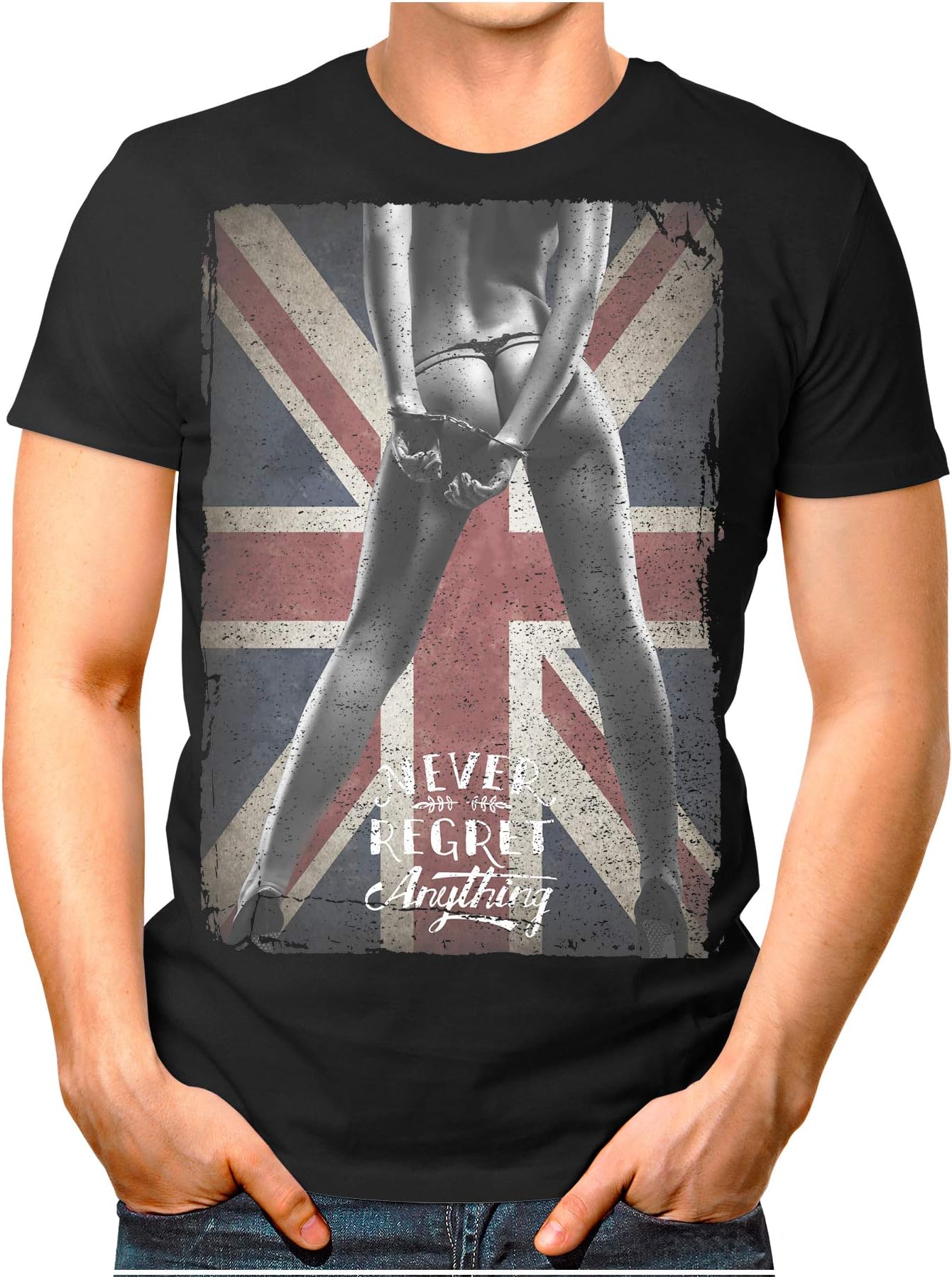 Goodflow™ - Never-Regret - Men's T-Shirt Anything Union Jack Sexy Girl Vintage Washed S - 4XL
