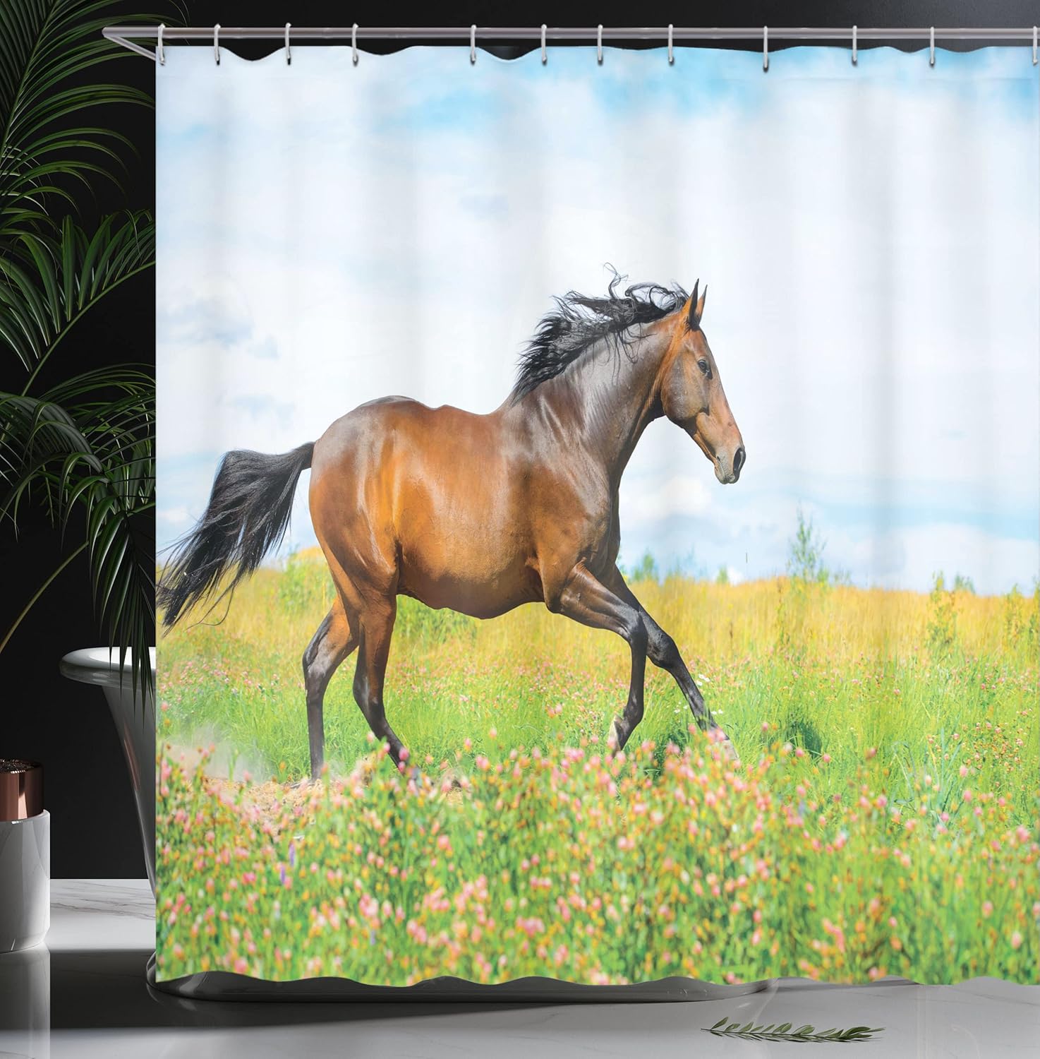 Ambesonne Animal Shower Curtain, Horse Runs Gallop on Flower Meadow Rural Freedom Animal, Cloth Fabric Bathroom Decor Set with Hooks, 69" W x 75" L, Green Brown Pale Blue