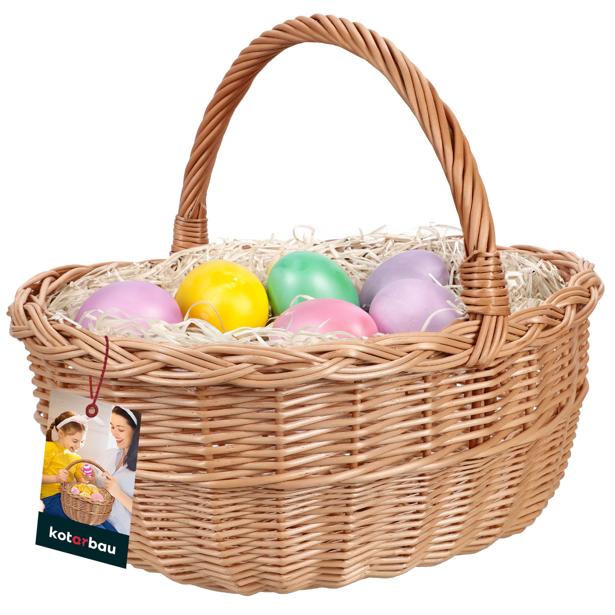 KOTARBAU® Panier de Pâques en Osier avec Anse - Rond Naturel - 33 x 26,5 x 29 cm - Tressé