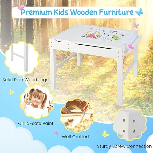 Miniatura 7 de HONEY JOY Mesa para niños, mesa de actividades de madera 2 en 1 con rollo de papel, mesa de bloques de construcción convertible, 3 compartimentos de