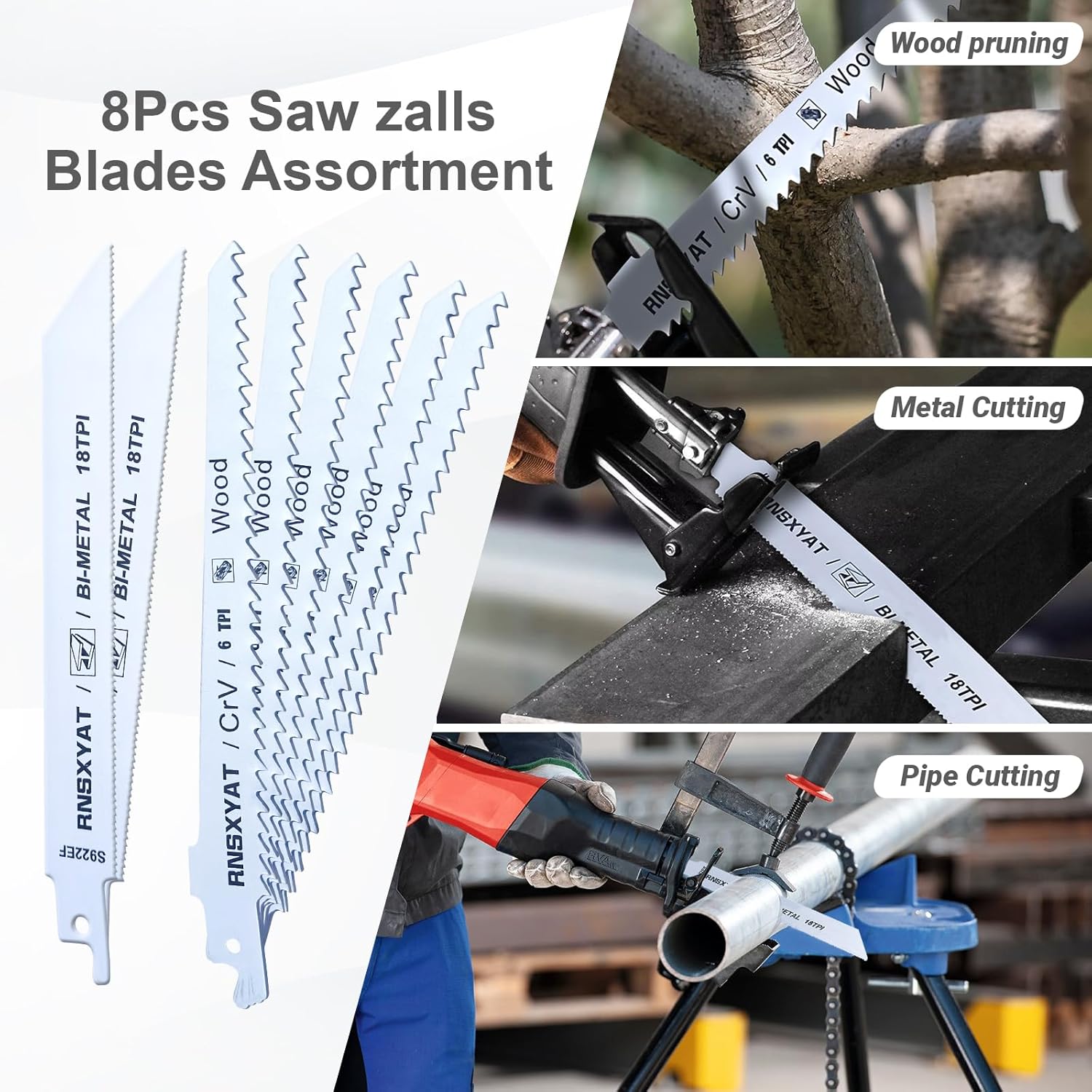 8PCS Reciprocating Saw Blades for Wood Pruning, Including Premium 6Pcs Woodcutting & 2Pcs Carbide Metal Blade with Storage Case (6in 6TPI + 6in18TPI) by RNSXYAT