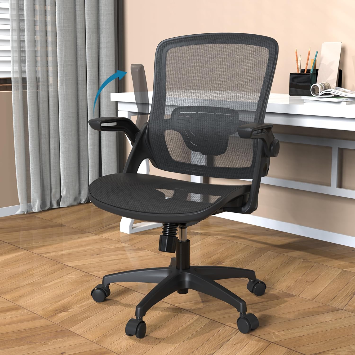 Ergonomic Mesh Swivel Home Office Computer Desk Chair with Height Adjustable Lumbar Support Flip Up Arms Wheels for Adult Mesh Seat