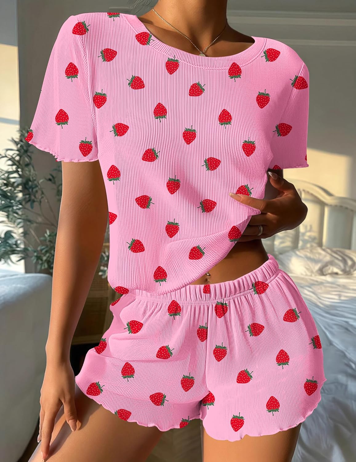 Ekouaer Womens Pajamas 2 Piece Ribbed Knit Pjs Colorful Pattern Sleep Set Short Sleeve Pajamas Set Casual Lounge Sets - Image 5