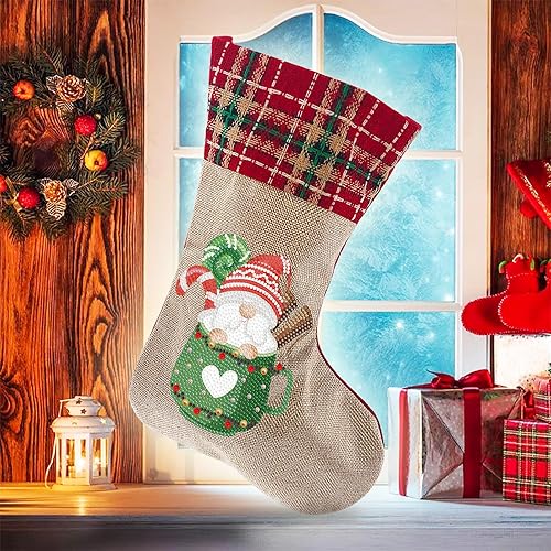 Miniatura 2 de LUSandy Calcetines colgantes de Navidad 5D con pintura de diamante de Papá Noel, adornos colgantes de 14 pulgadas, bolsa de dulces de Navidad, para