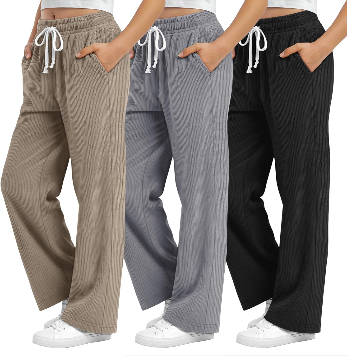 3 Pack Girls Corduroy School Uniform Pants Kids Lightweight Wide Leg High Waist Drawstring Sweatpants with Pockets
