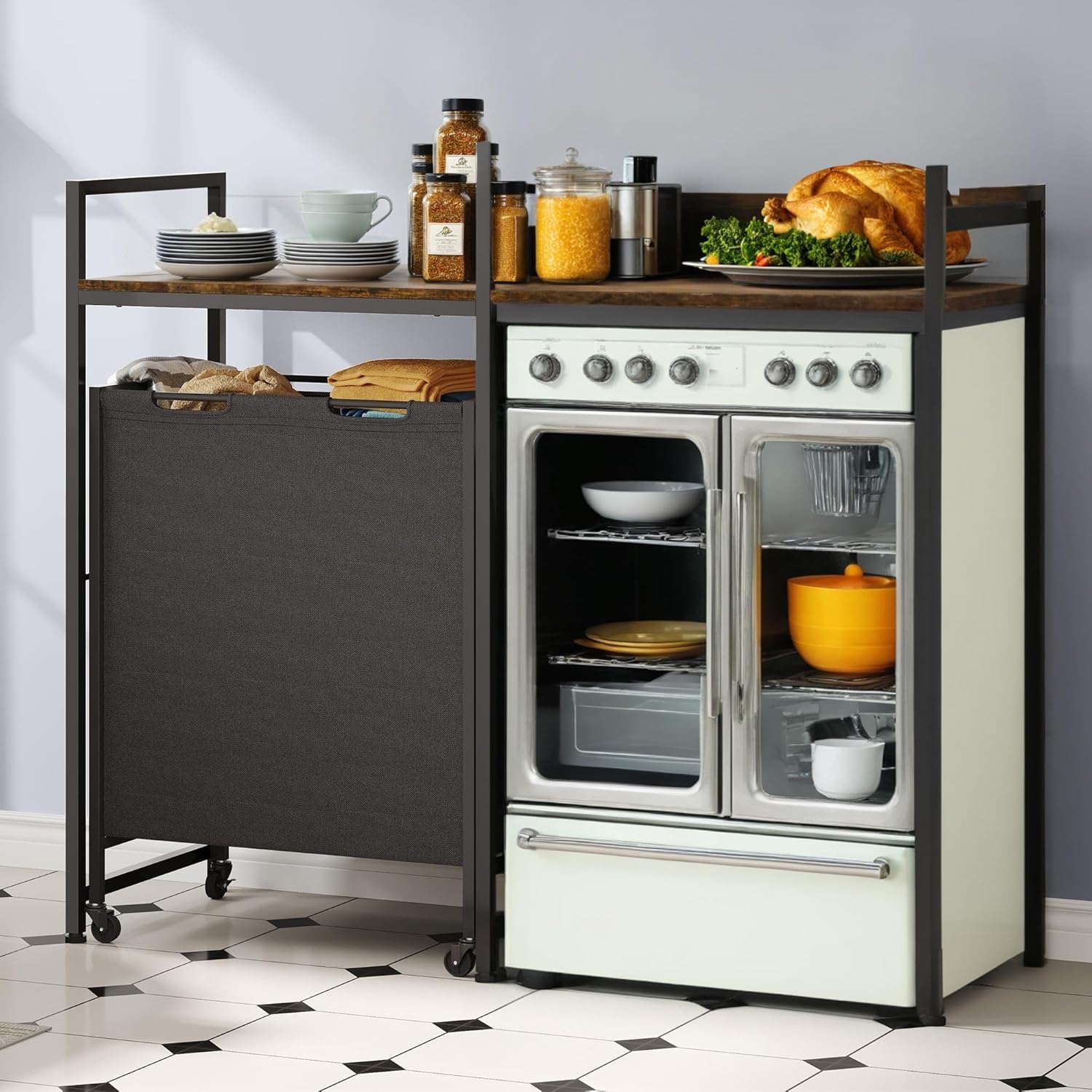 YITAHOME Kitchen Microwave Stand Bakers Rack with Shelf, 55" Large Kitchen Storage Shelf with Rolling Wheeled Storage Baskets/Hooks, Coffee Bar Table Station with Dining Room, Retro Brown