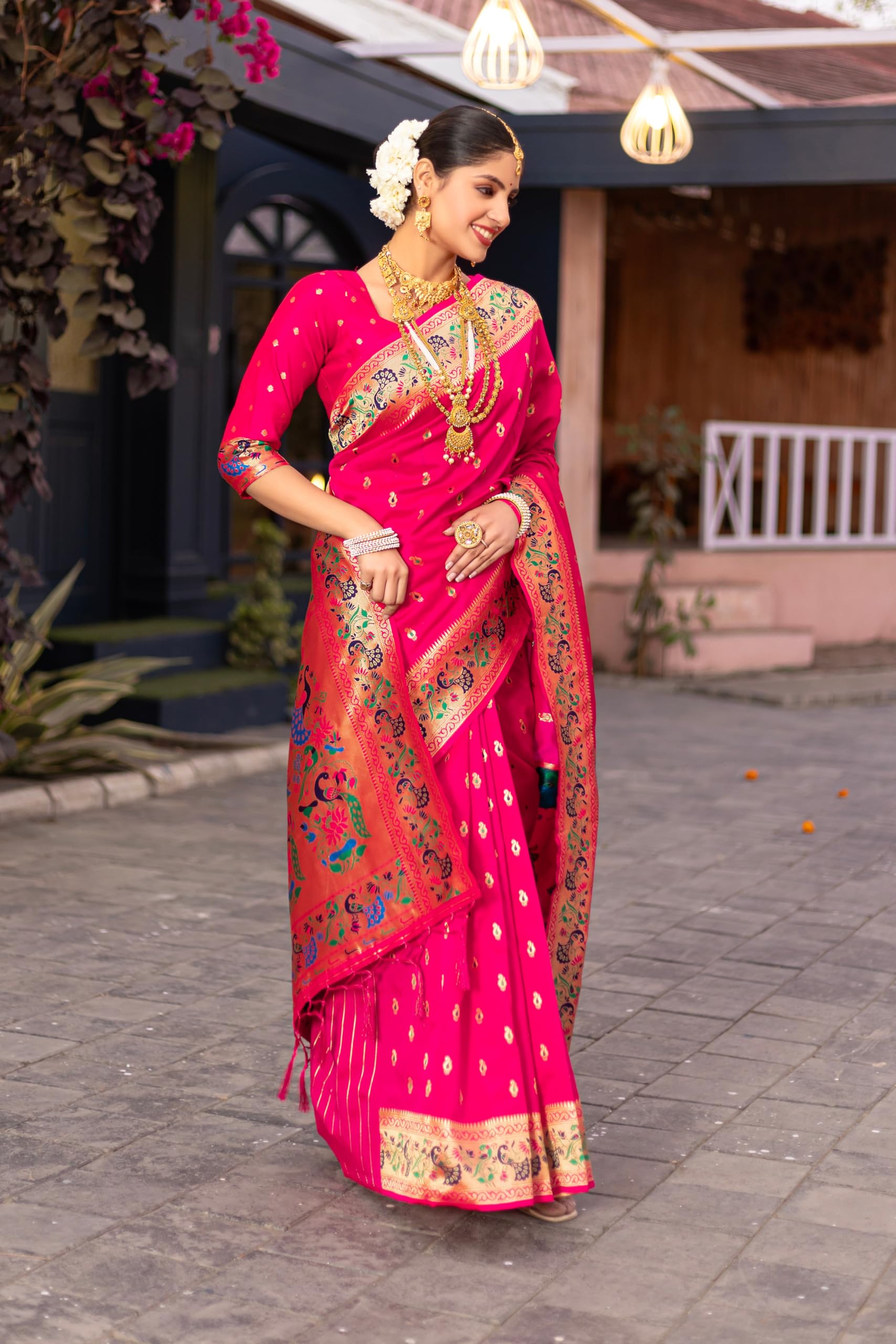 Jaanvi fashion Paithani - Sari da donna in seta con lavoro Zari e camicetta