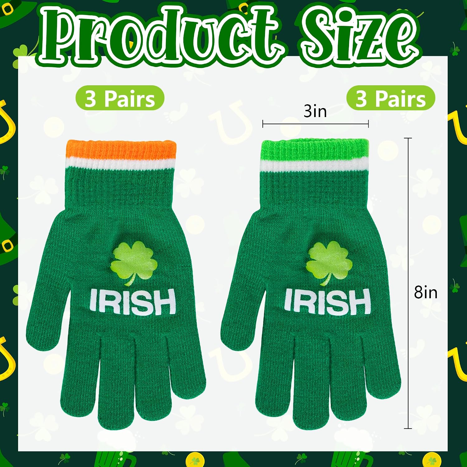 2/6 Pairs St. Patrick's Day Irish Print Gloves, Green Shamrock Knitted Gloves, Irish Clover Handwear for Party Favor image 2