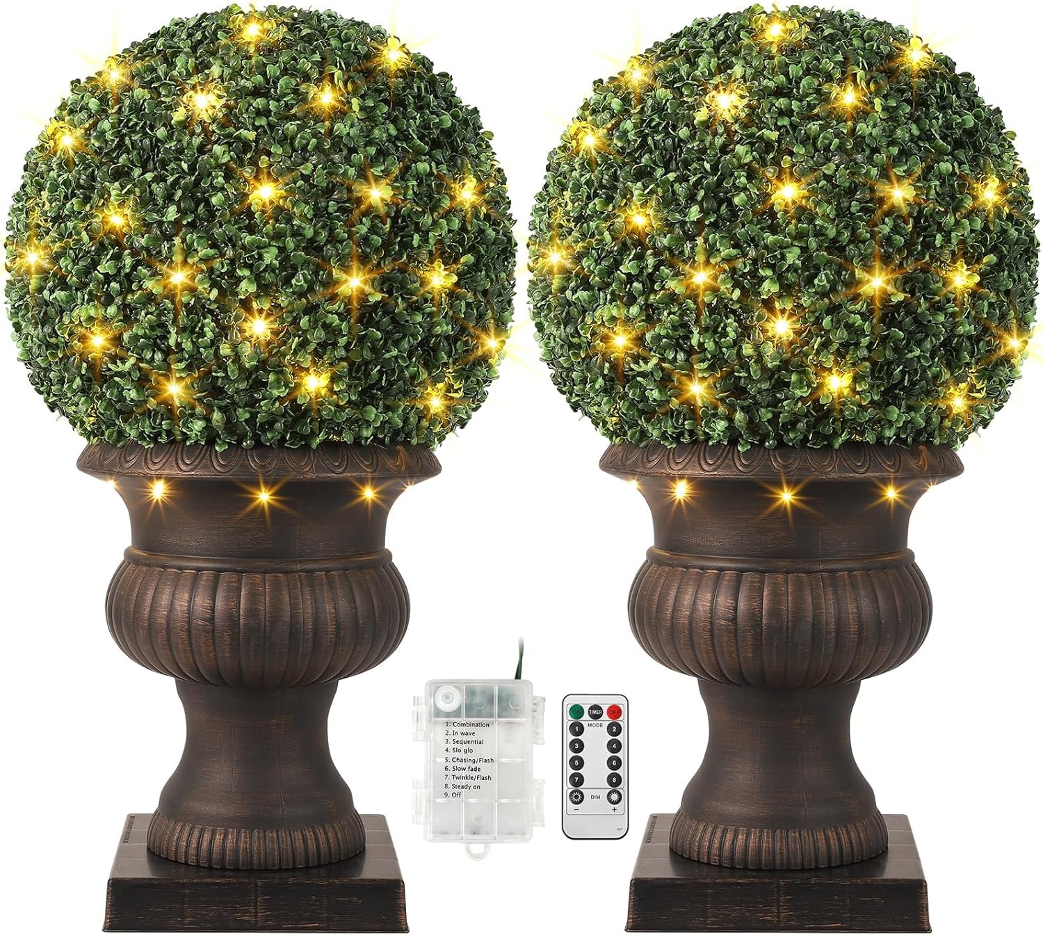 2 PCs 20" Artificial Plant Topiary Ball Tree with 50 Lights, USB, Remote Control 8 Lighting Modes, UV Resistant & No Maintenance for Home Decor Indoor Outdoor as Artificial Plants & Topiaries, Antique