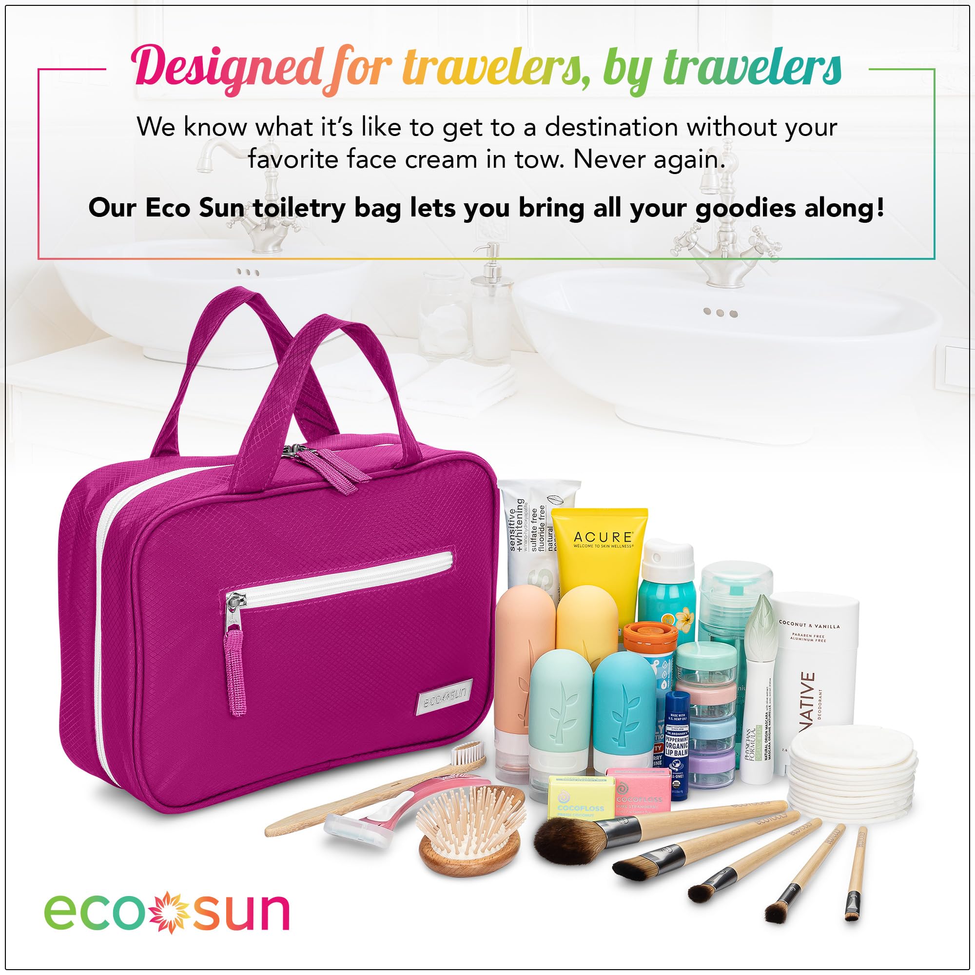 Eco Sun Neceser de viaje colgante, diseñado en Hawái, organizador de viaje resistente al agua para accesorios de baño, Magenta, Colgar