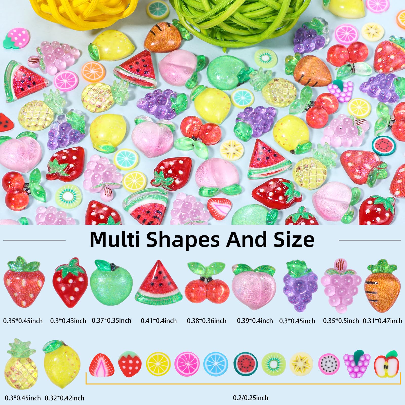 3D Fruit Cartoon Nail Charms, Assorted Grapes Peach Green Watermelon Lemon Cherry Strawberry Pineapple Carrot Fruits Nail Art Charms, Color Slices Nail Charms with Pickup Tool DIY Nails Decor
