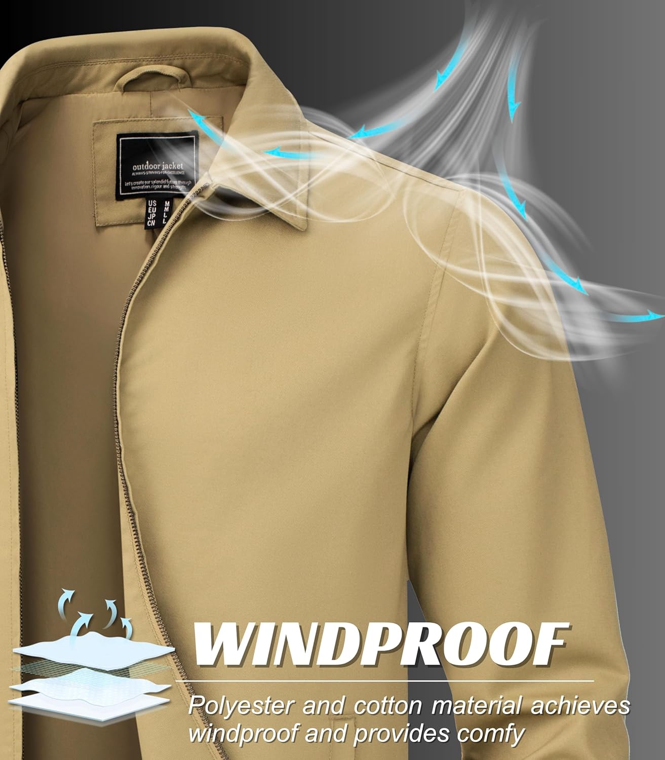 MAGNIVIT Men's Lightweight Jacket Windbreaker Business Casual Coat Laydown Collar Zip Up Jacket with 3 Pockets - Image 4